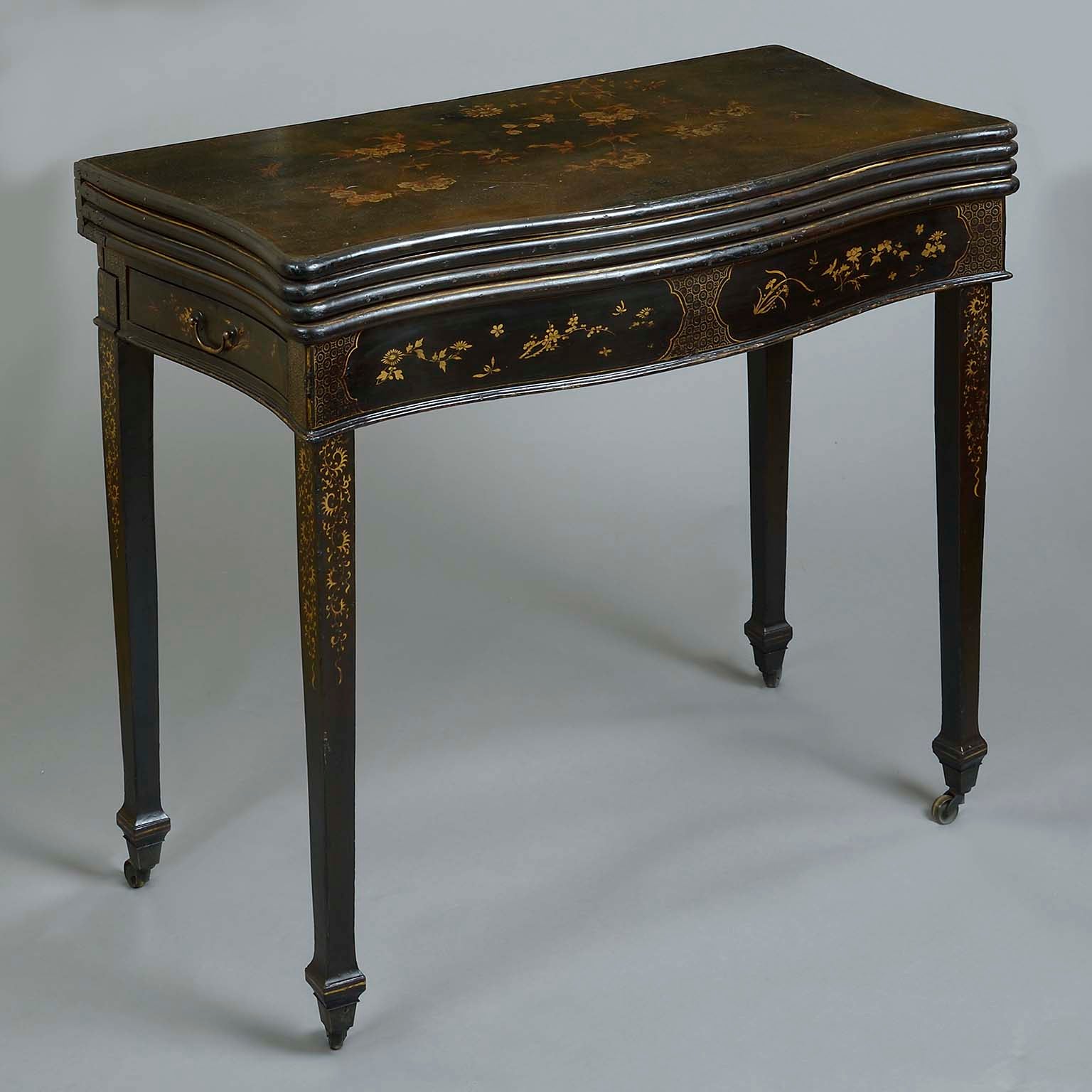 Chinese Export Black Lacquer Triple Folding Games and Tea Table