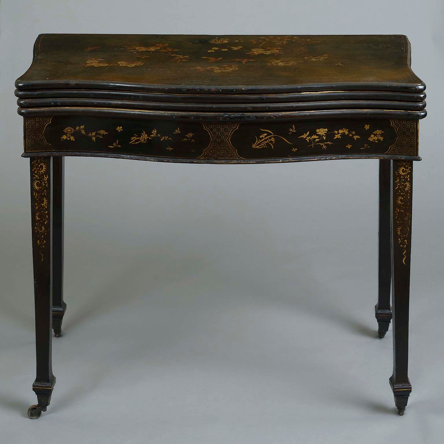 Chinese Export Black Lacquer Triple Folding Games and Tea Table