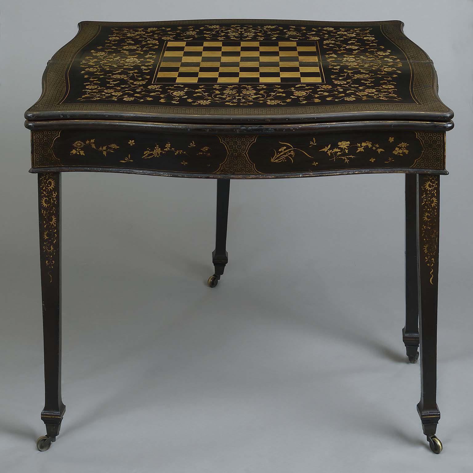 Chinese Export Black Lacquer Triple Folding Games and Tea Table