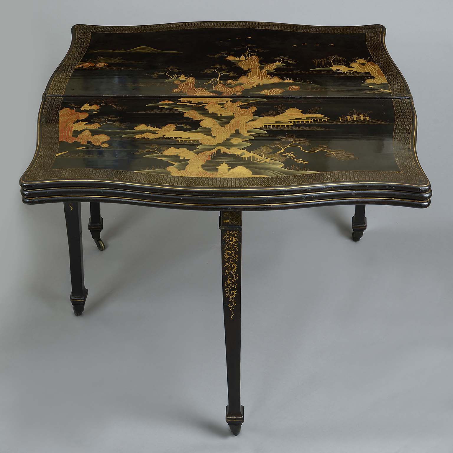 Chinese Export Black Lacquer Triple Folding Games and Tea Table