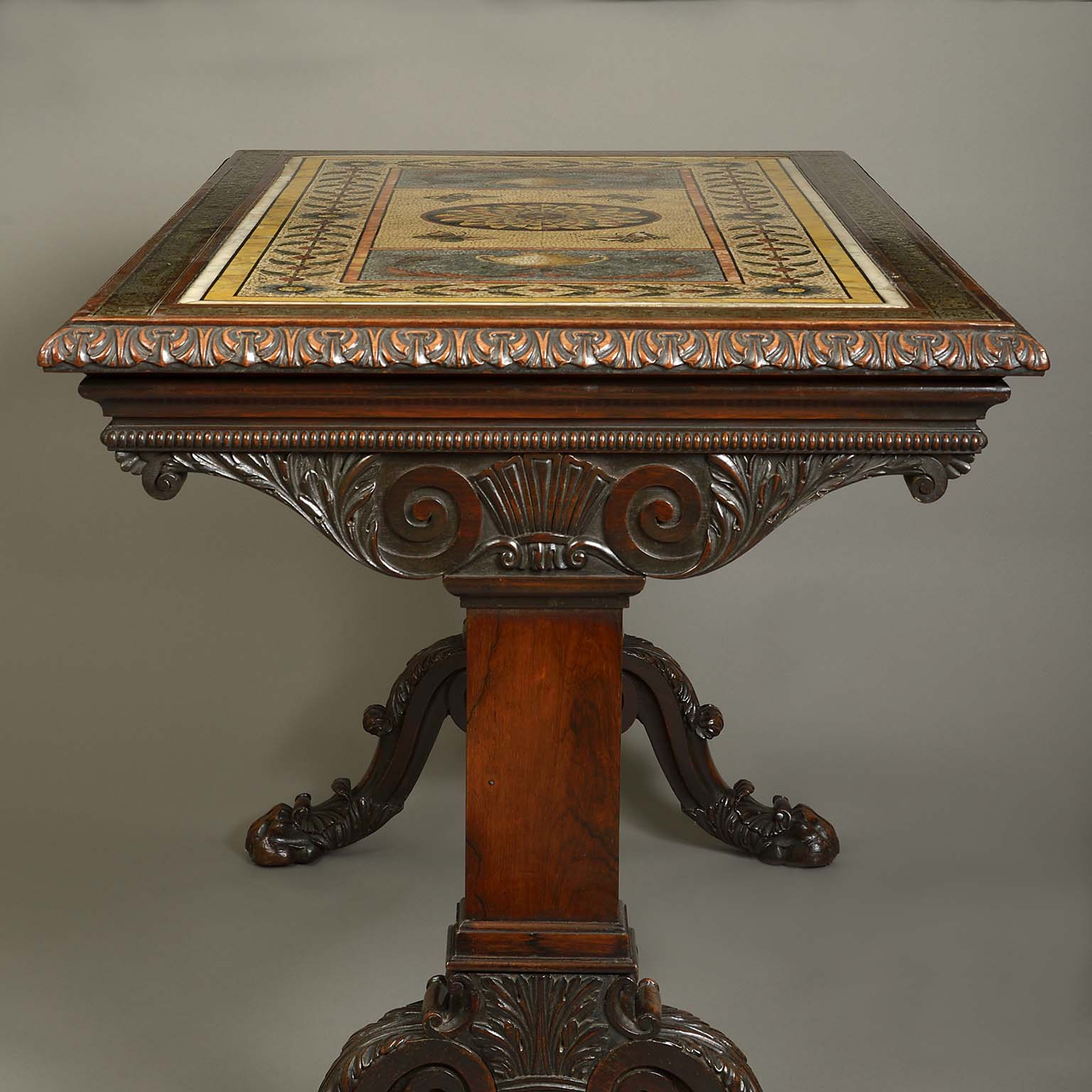 An Important Rosewood Brass Inlaid Centre Table with a Grand Tour Roman Mosaic Top