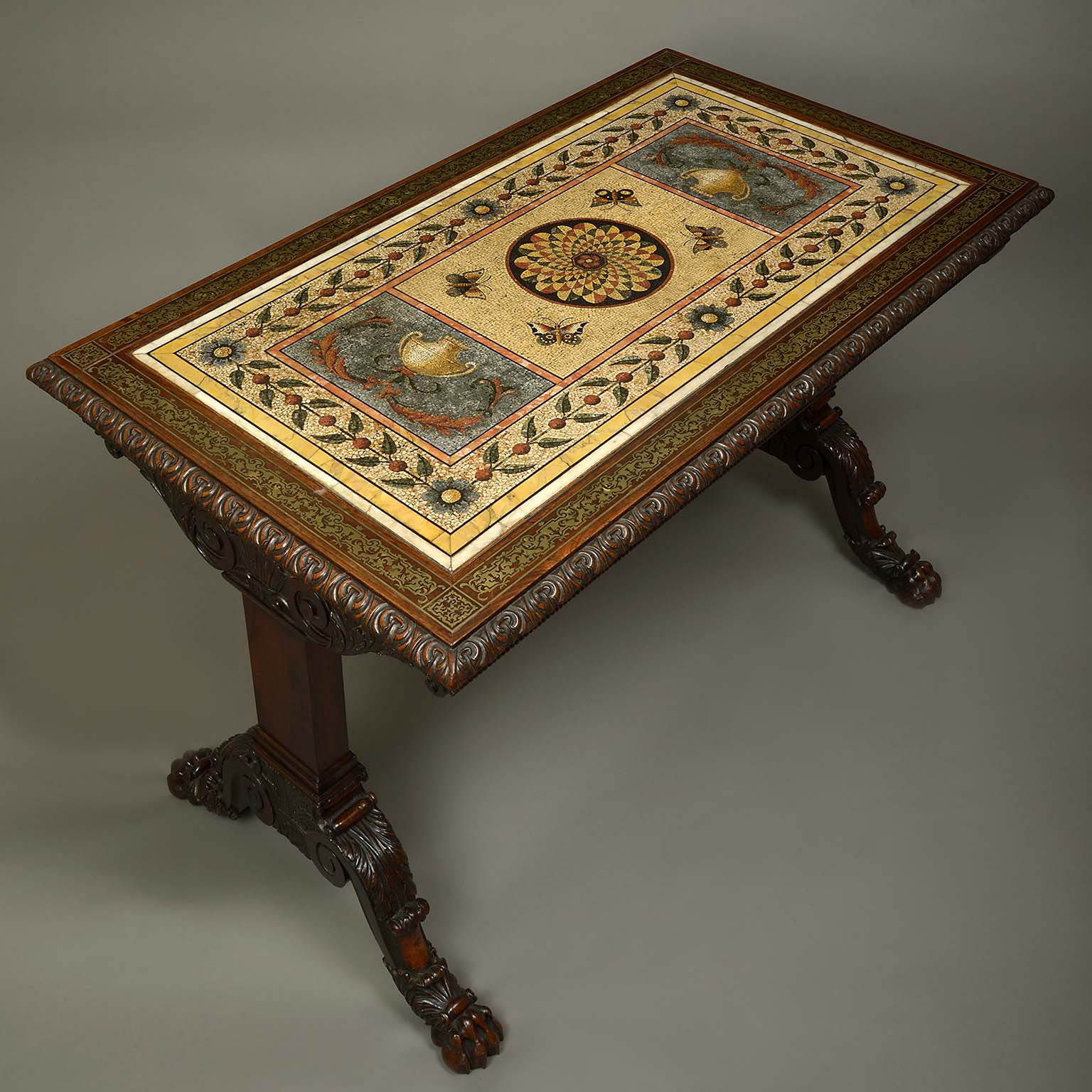 An Important Rosewood Brass Inlaid Centre Table with a Grand Tour Roman Mosaic Top
