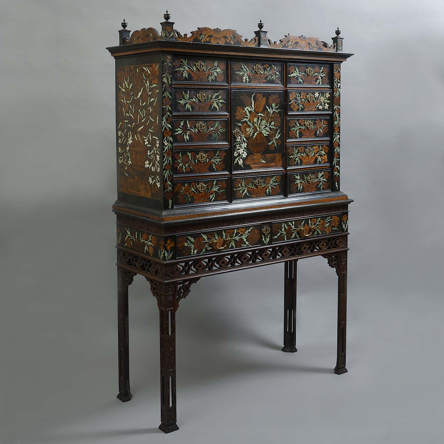 Charles II Fruitwood and Bone Marquetry Cabinet on a bespoke mid Georgian Stand