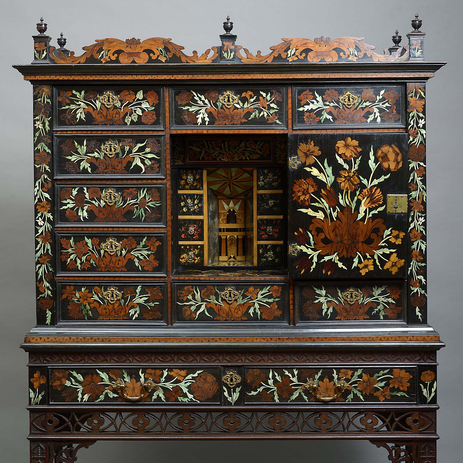 Charles II Fruitwood and Bone Marquetry Cabinet on a bespoke mid Georgian Stand