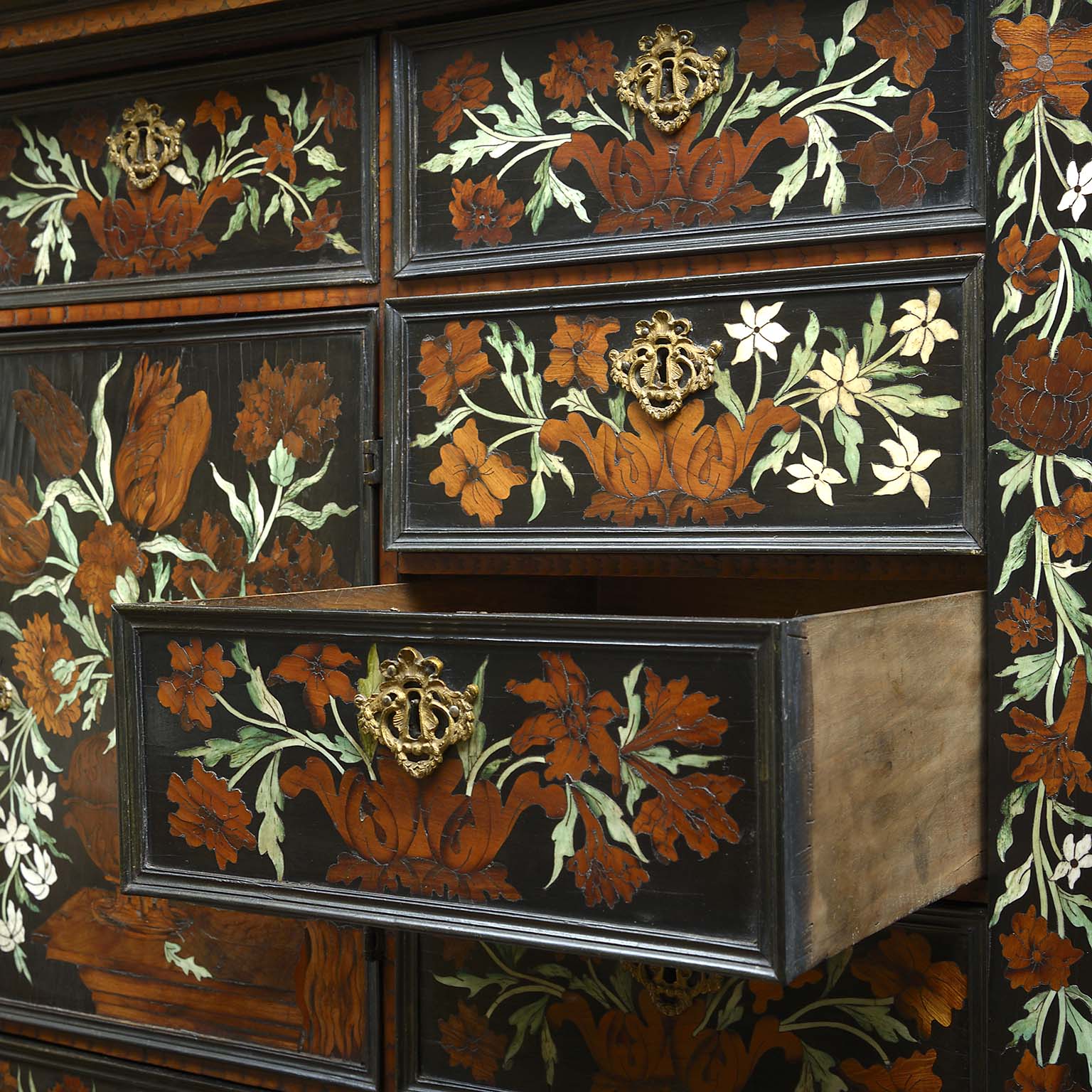 Charles II Fruitwood and Bone Marquetry Cabinet on a bespoke mid Georgian Stand