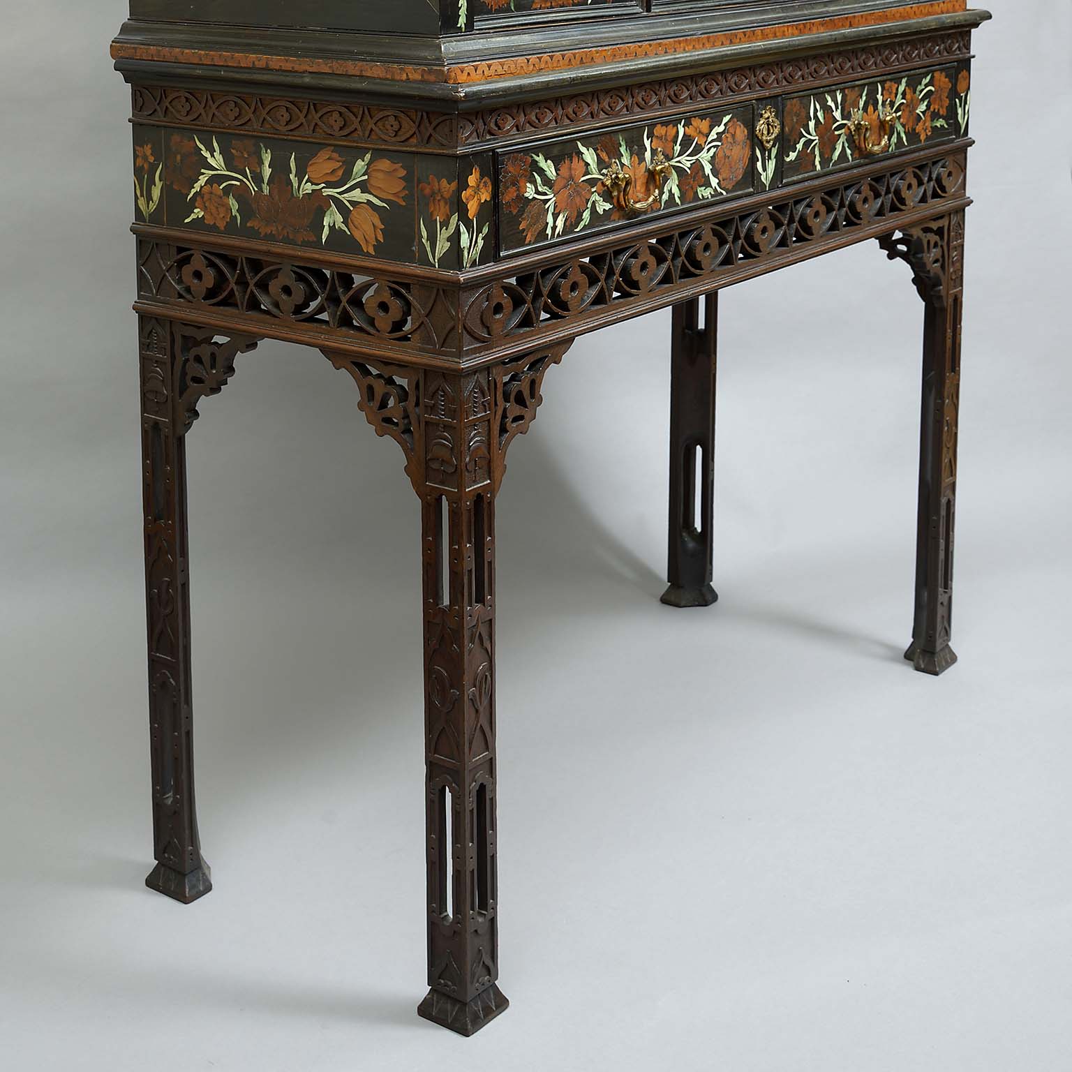 Charles II Fruitwood and Bone Marquetry Cabinet on a bespoke mid Georgian Stand