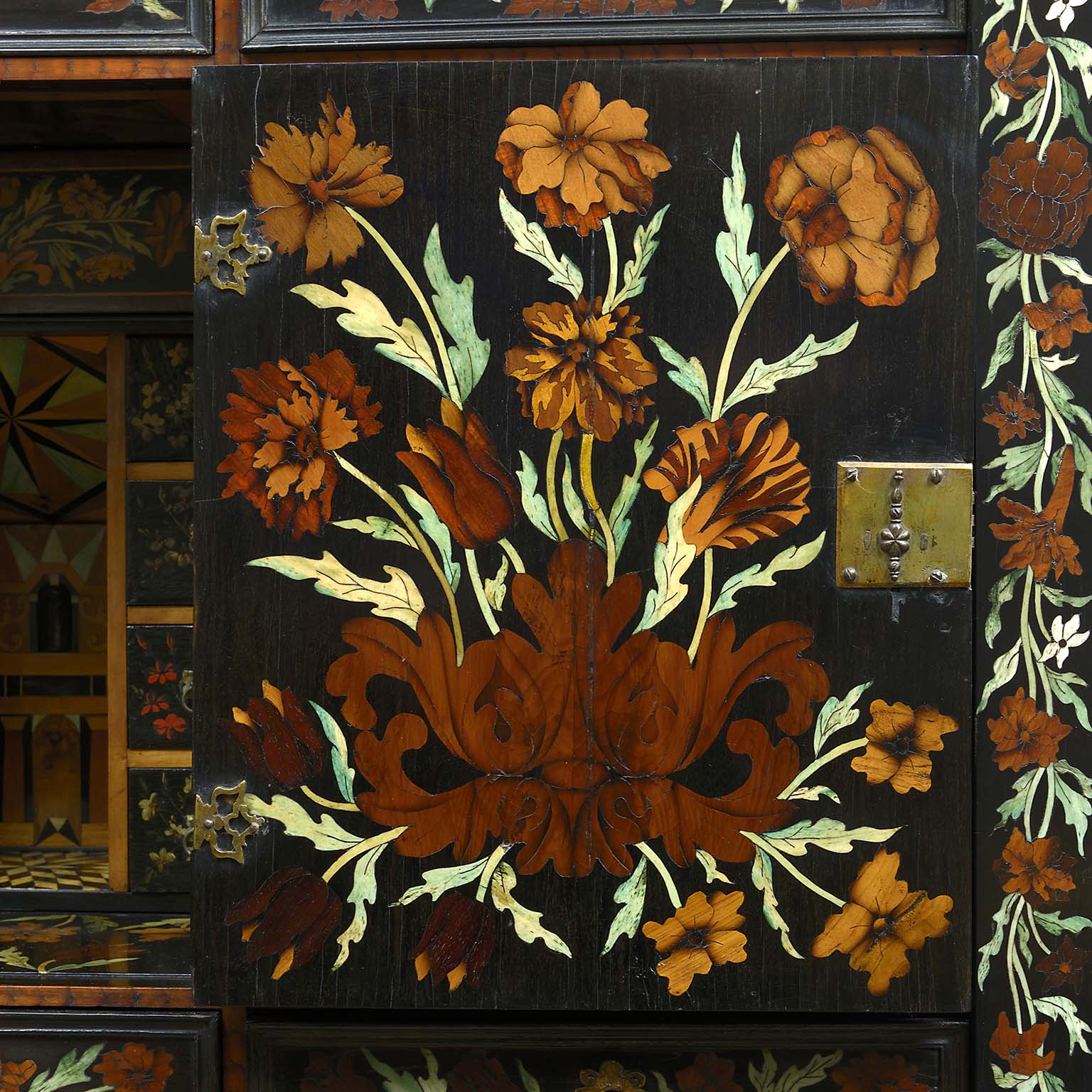 Charles II Fruitwood and Bone Marquetry Cabinet on a bespoke mid Georgian Stand