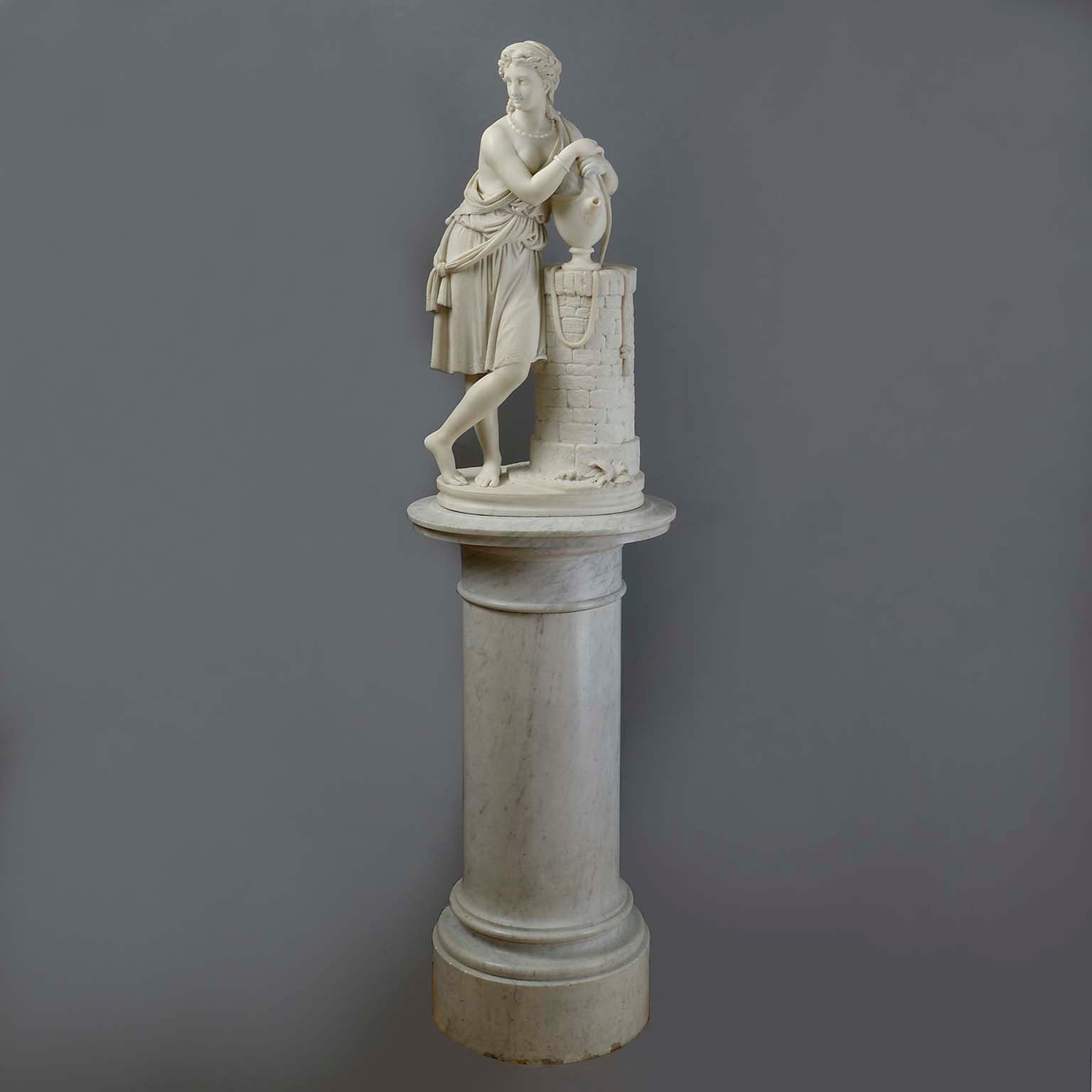 Carrara Marble Statue of Rebecca by Aristide Fontana on a Handsome Revolving Column
