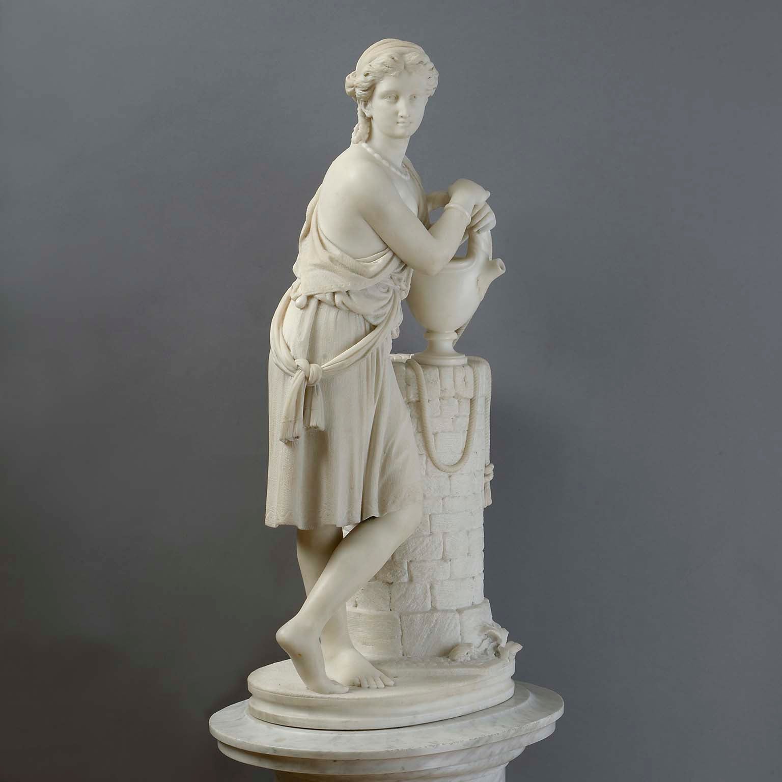 Carrara Marble Statue of Rebecca by Aristide Fontana on a Handsome Revolving Column