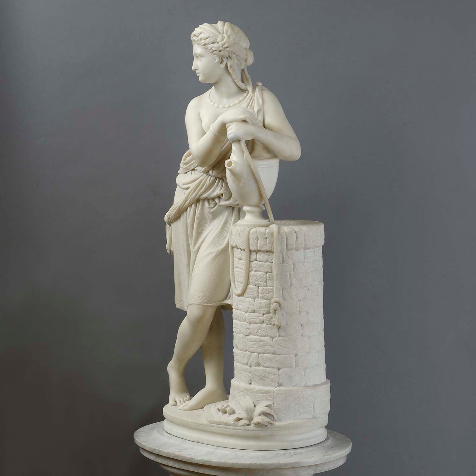 Carrara Marble Statue of Rebecca by Aristide Fontana on a Handsome Revolving Column