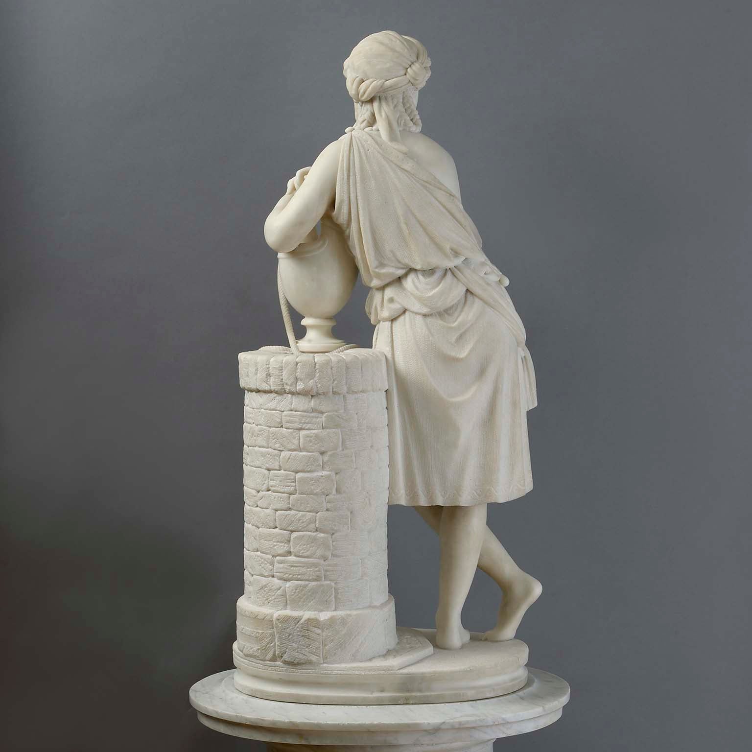 Carrara Marble Statue of Rebecca by Aristide Fontana on a Handsome Revolving Column
