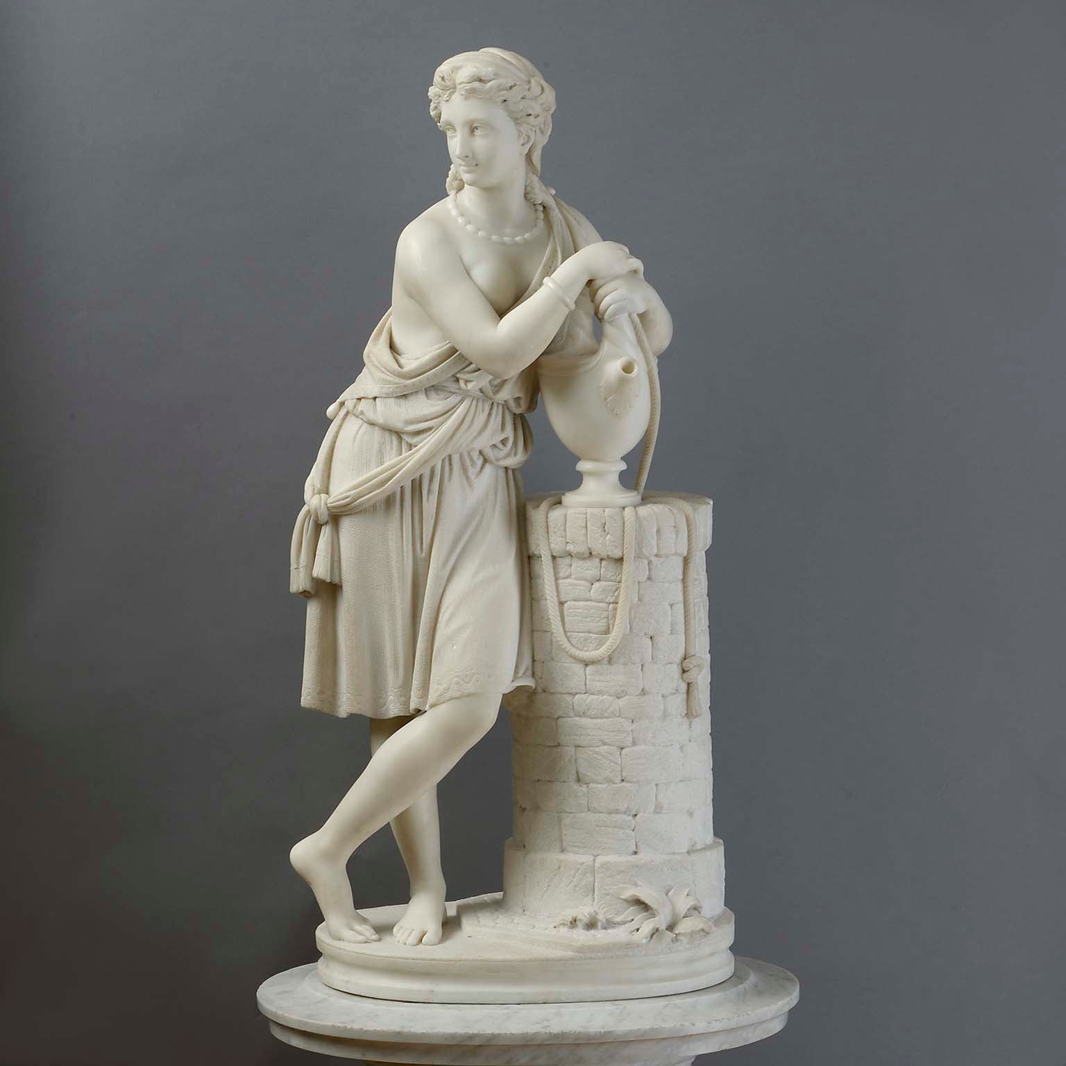 Carrara Marble Statue of Rebecca by Aristide Fontana on a Handsome Revolving Column