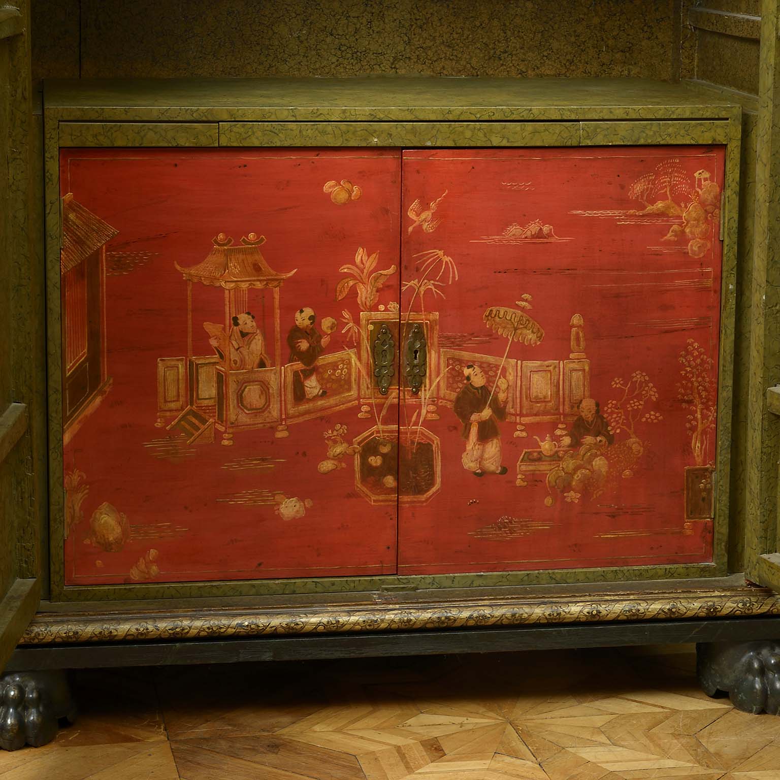 Chinese ‘100 Boys at Play’ Red Lacquer Marriage Cabinet