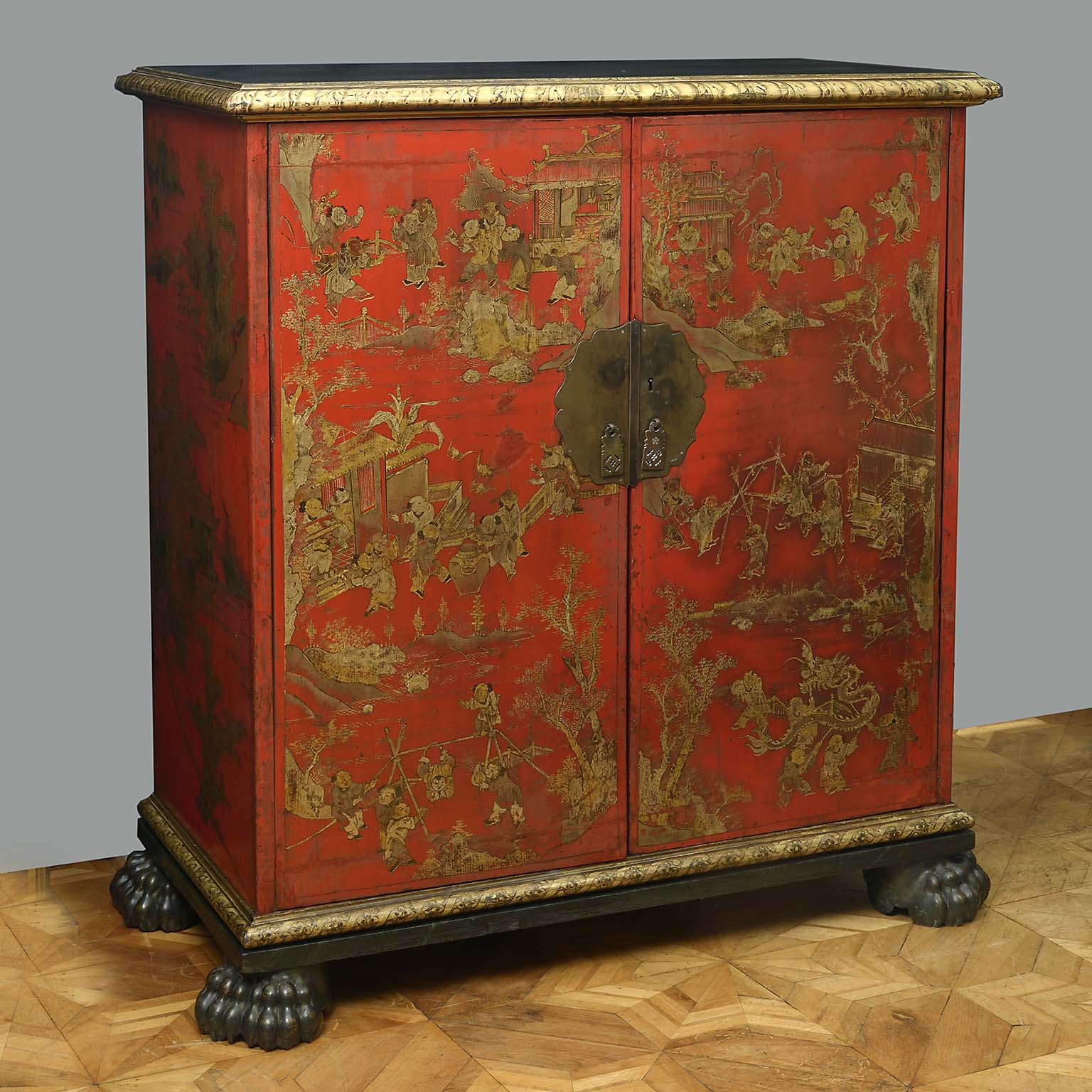 Chinese ‘100 Boys at Play’ Red Lacquer Marriage Cabinet