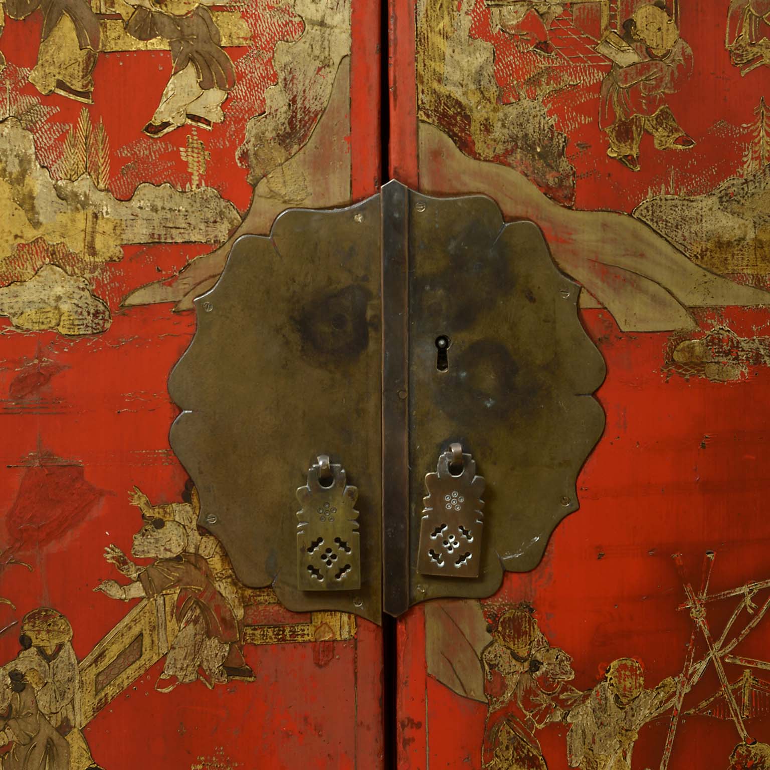 Chinese ‘100 Boys at Play’ Red Lacquer Marriage Cabinet