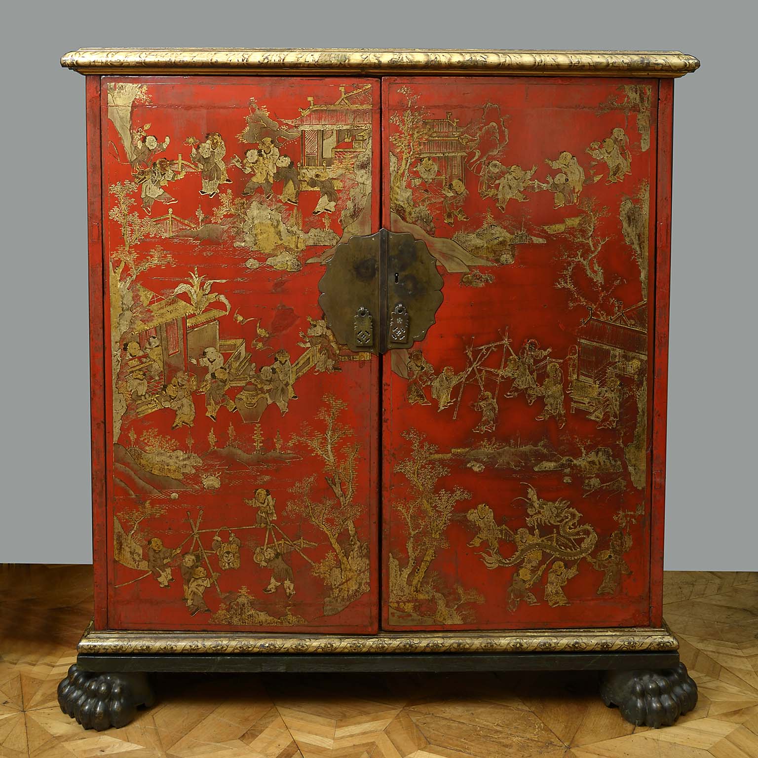 Chinese ‘100 Boys at Play’ Red Lacquer Marriage Cabinet