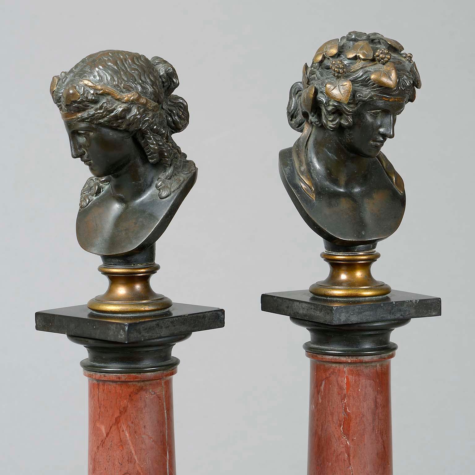 Pair of Bronze Busts of Bacchus and Ariadne on Marble Columns
