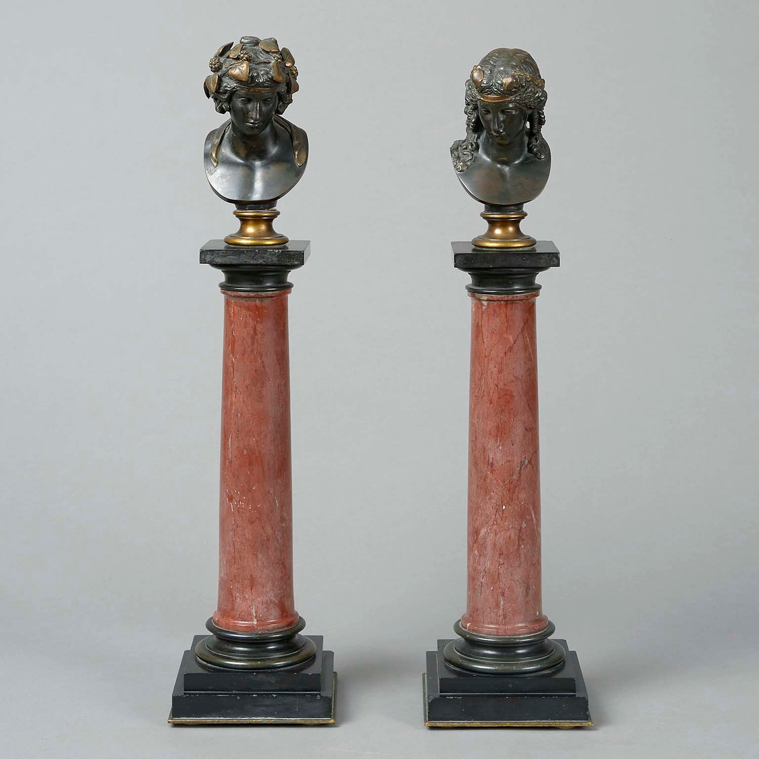 Pair of Bronze Busts of Bacchus and Ariadne on Marble Columns