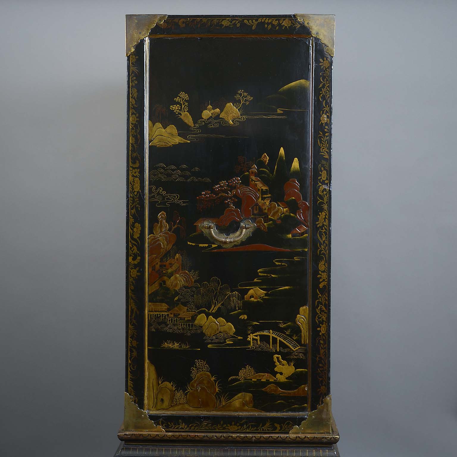 Chinese Export Gilt Decorated Black and Red Lacquer Cabinet on Stand