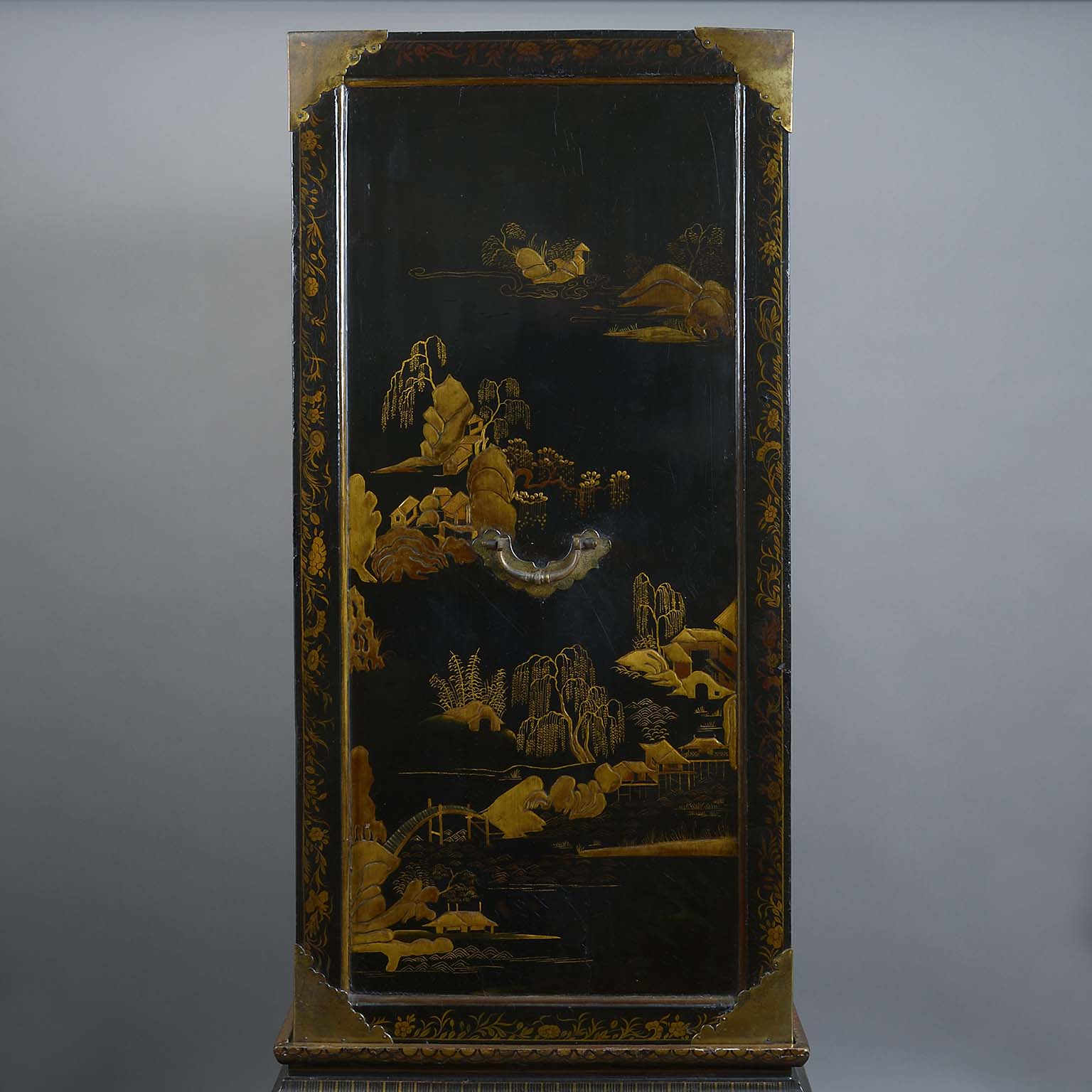 Chinese Export Gilt Decorated Black and Red Lacquer Cabinet on Stand