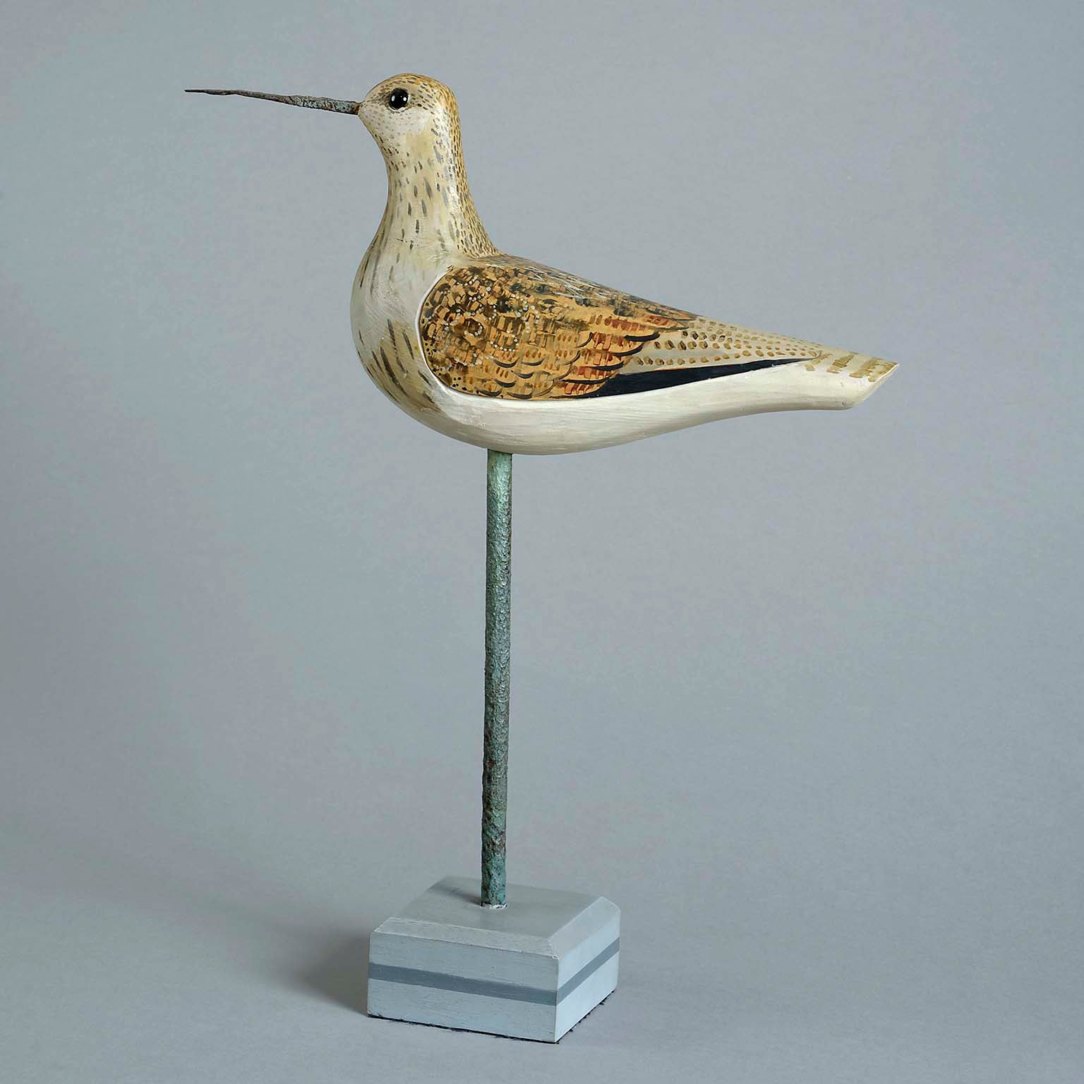 Carved Wood and Polychrome Painted Greenshank On Stand by Howard Carter