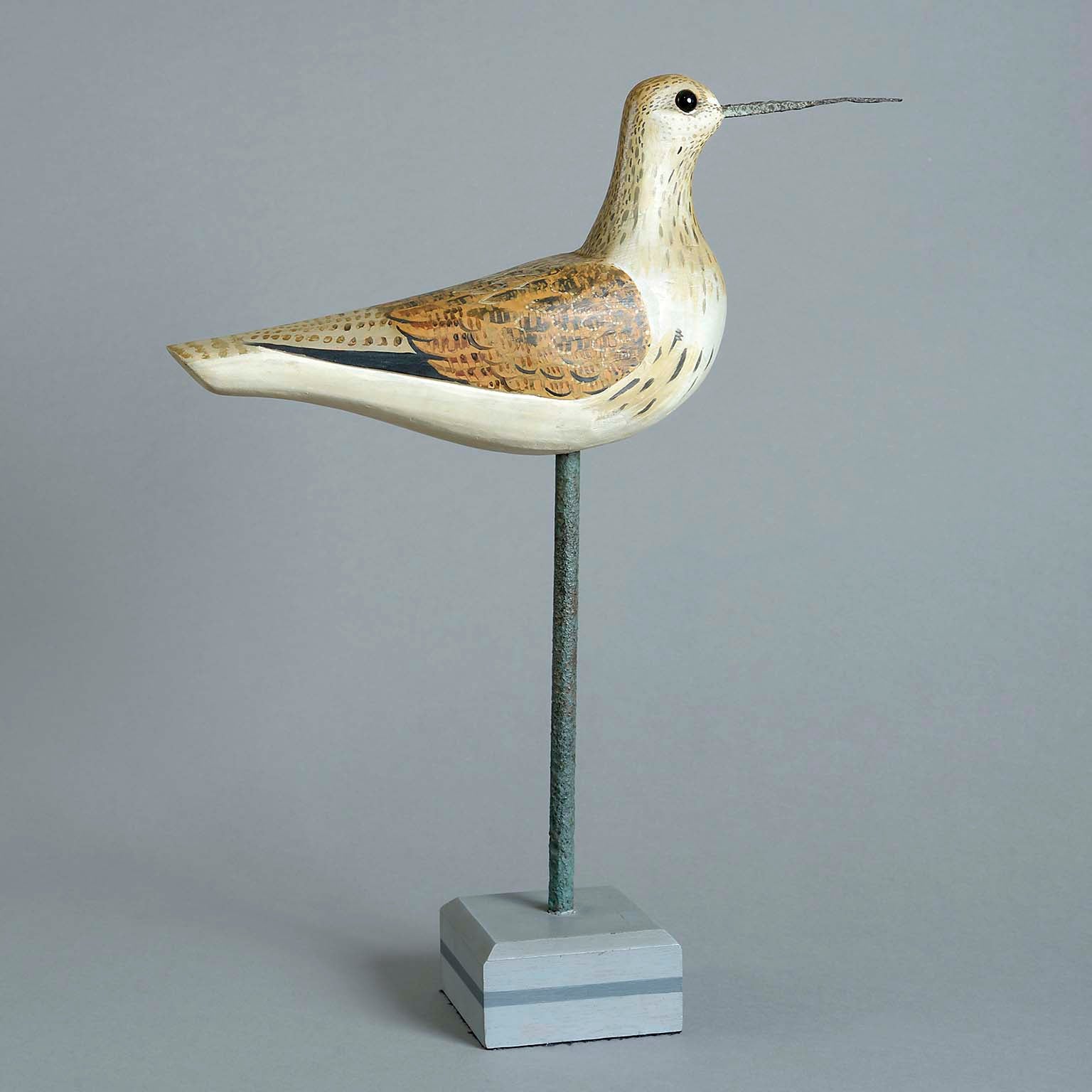 Carved Wood and Polychrome Painted Greenshank On Stand by Howard Carter