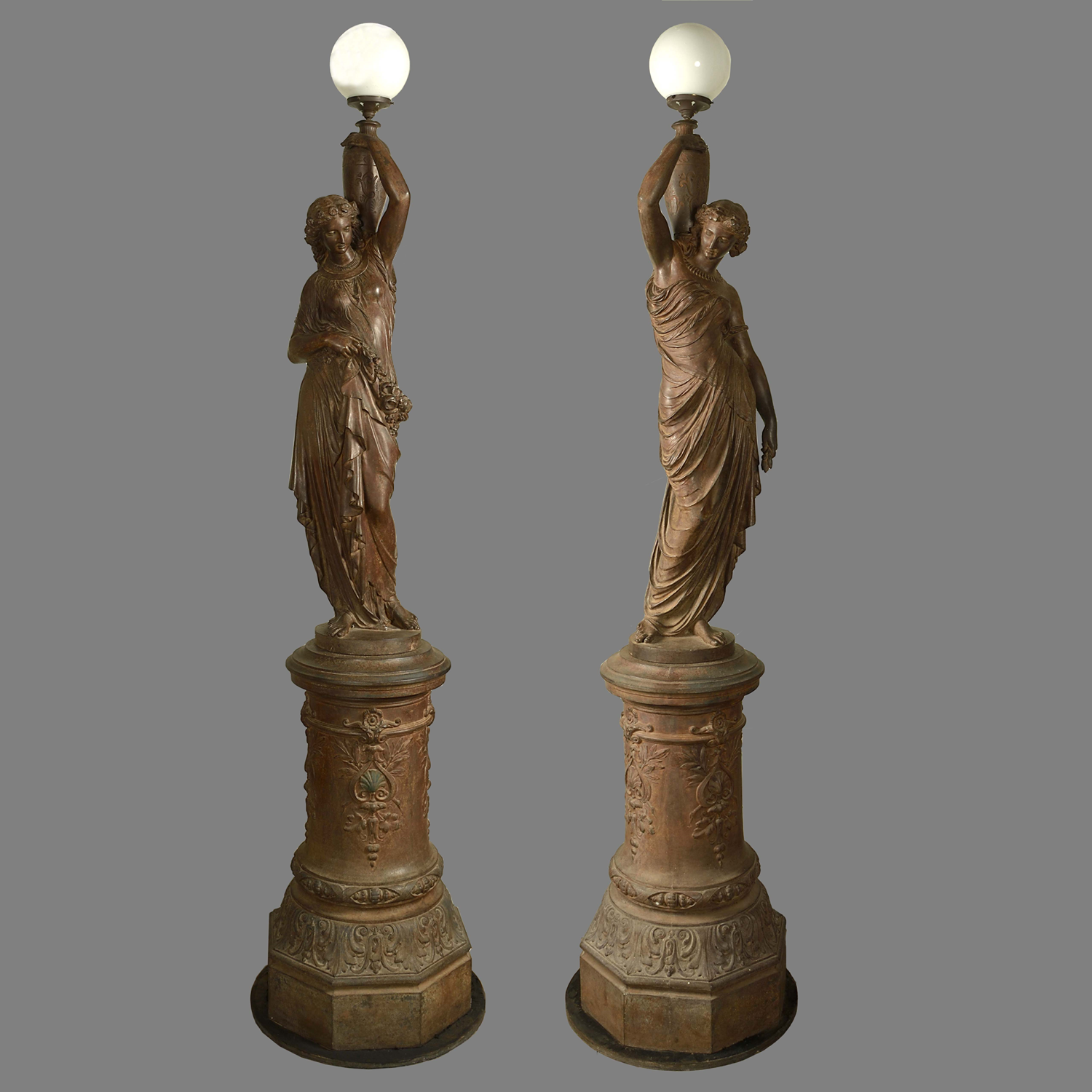 Pair of Val D’Osne Cast Iron Sculptures on Original Stands by Mathurin Moreau