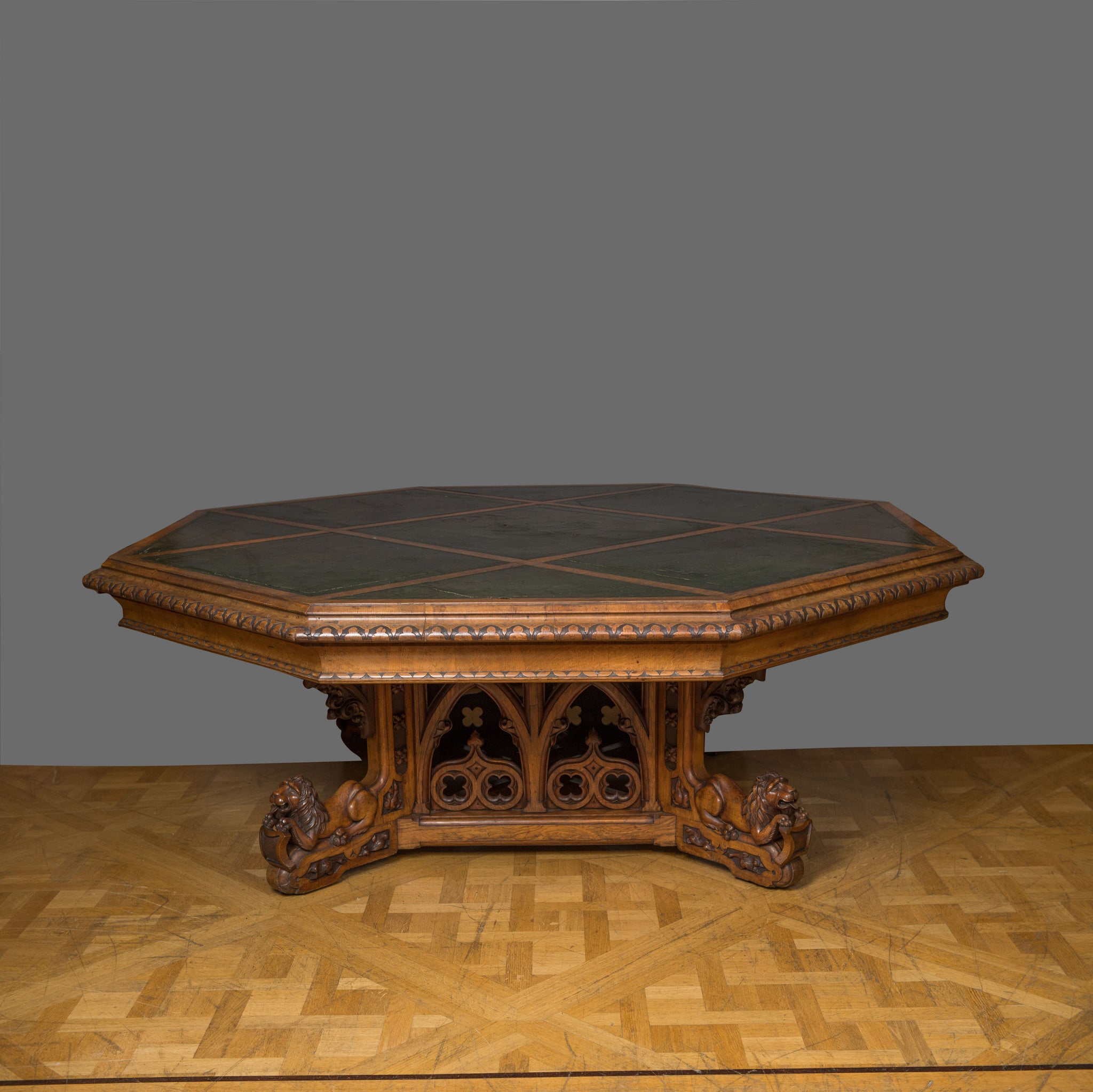 Monumental Octagonal Brown Oak Library Table