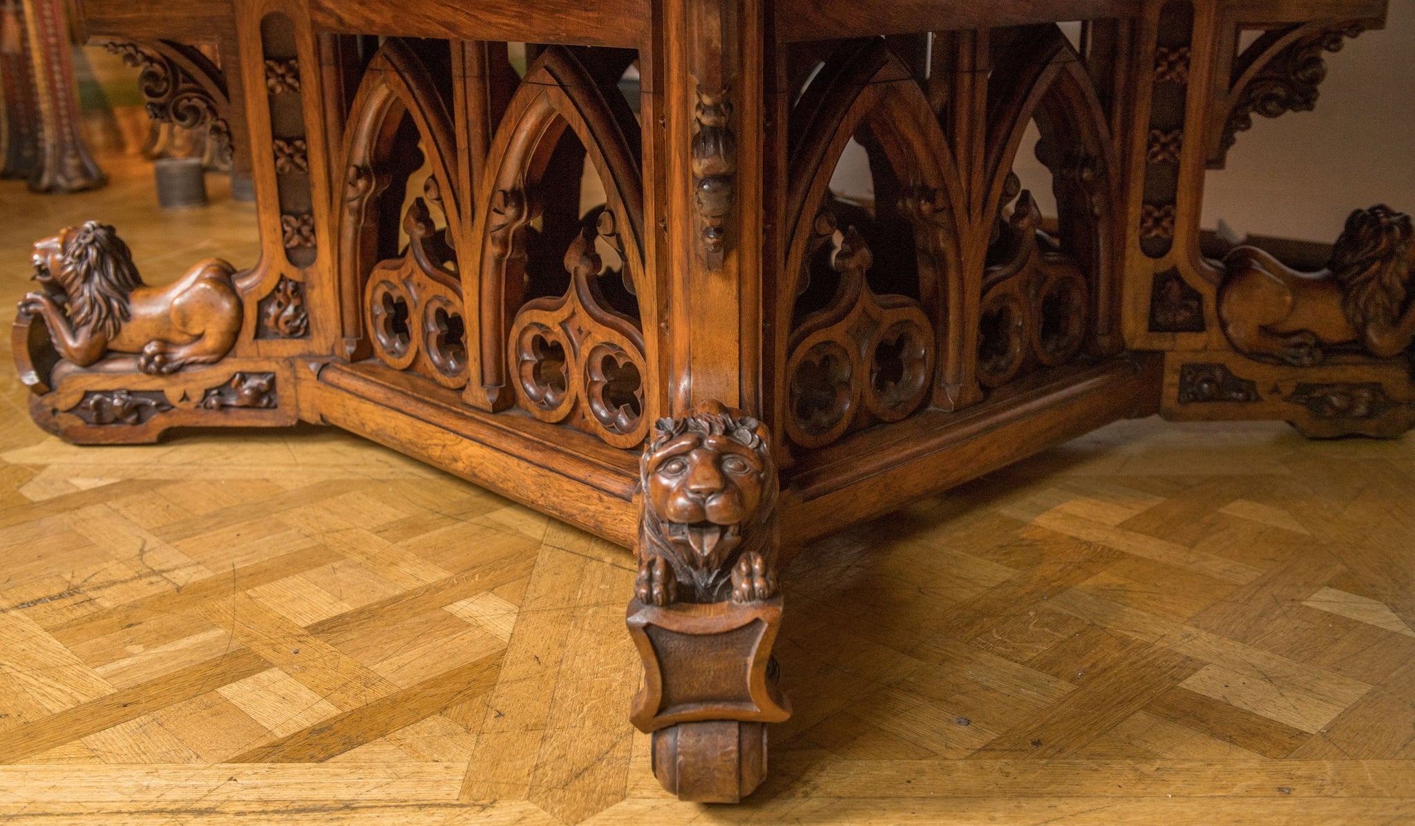 Monumental Octagonal Brown Oak Library Table