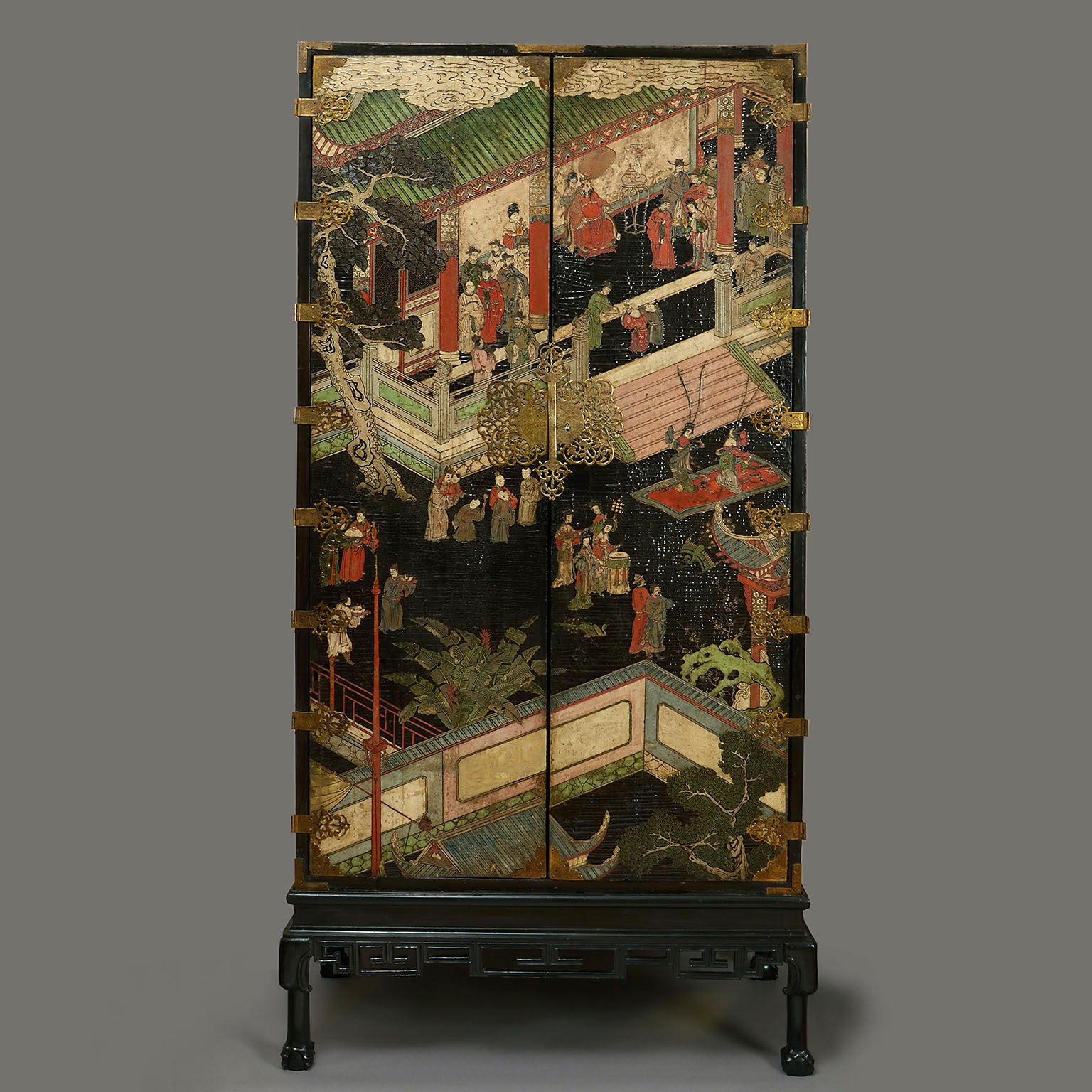 European Lacquer Cabinet on Stand with Kangxi Panels