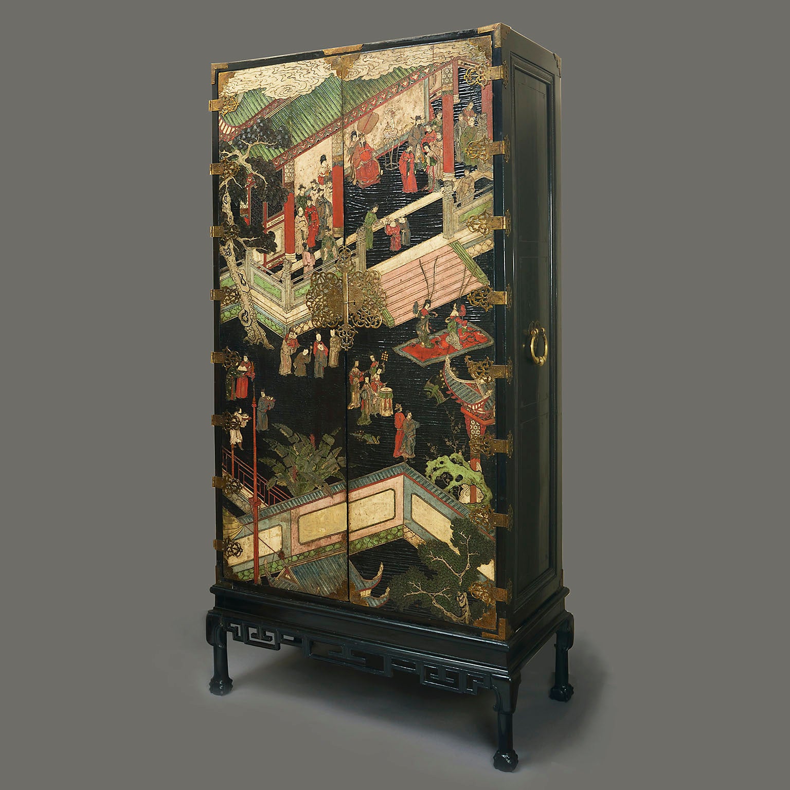 European Lacquer Cabinet on Stand with Kangxi Panels