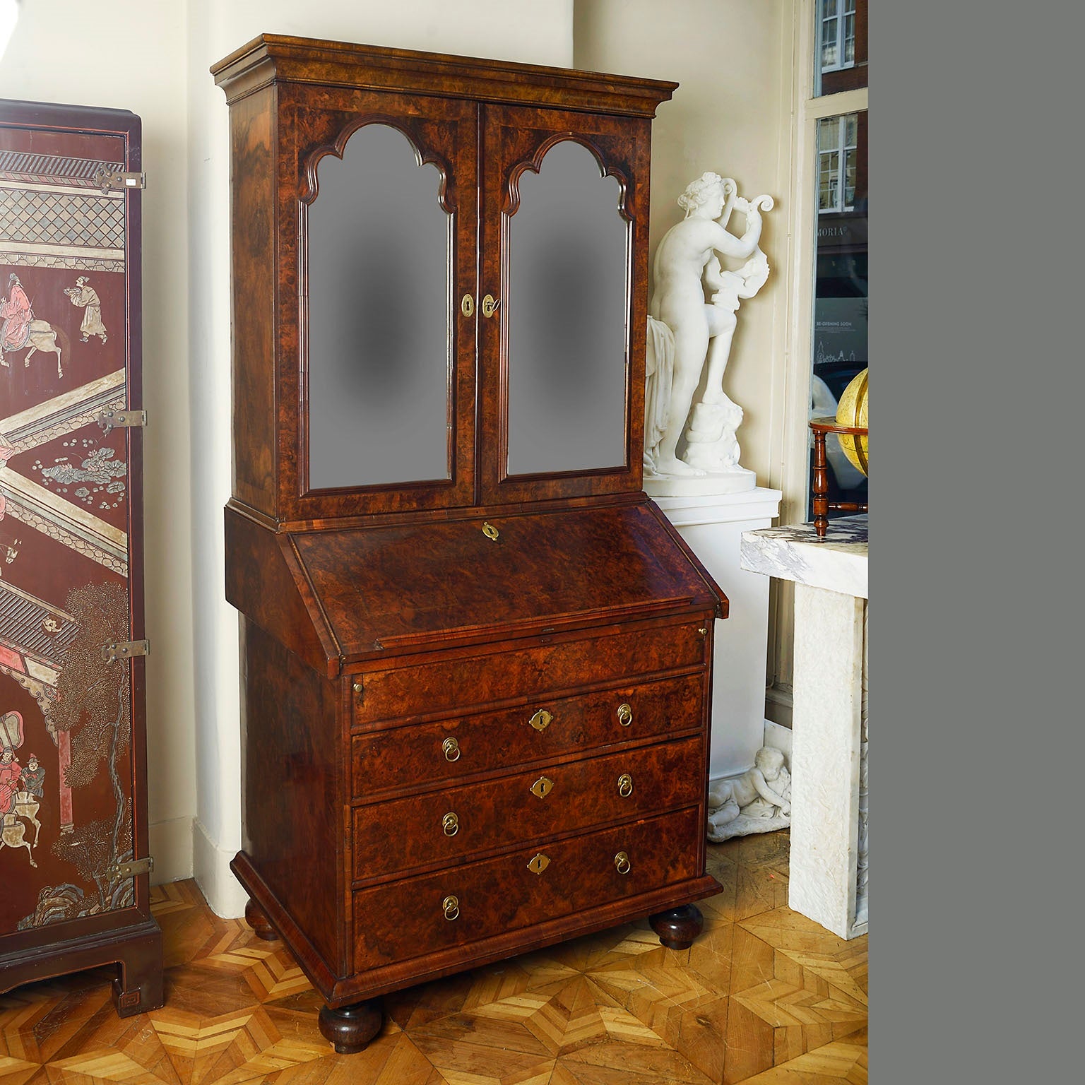 William & Mary Burr Walnut Bureau Cabinet