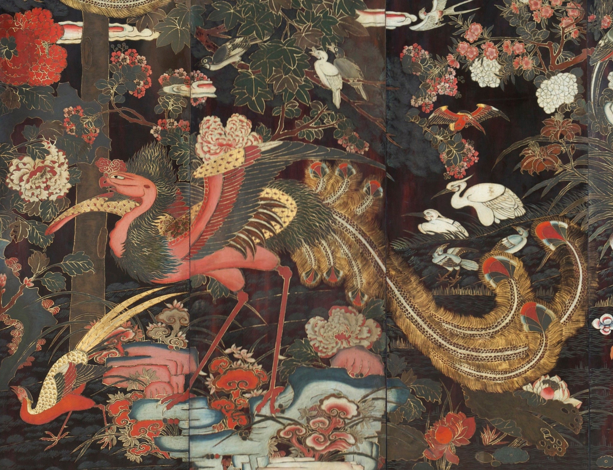 A RARE TWELVE PANEL POLYCHROME LACQUER SCREEN China,  Kangxi Period (1661-1722)  Early 18th Century