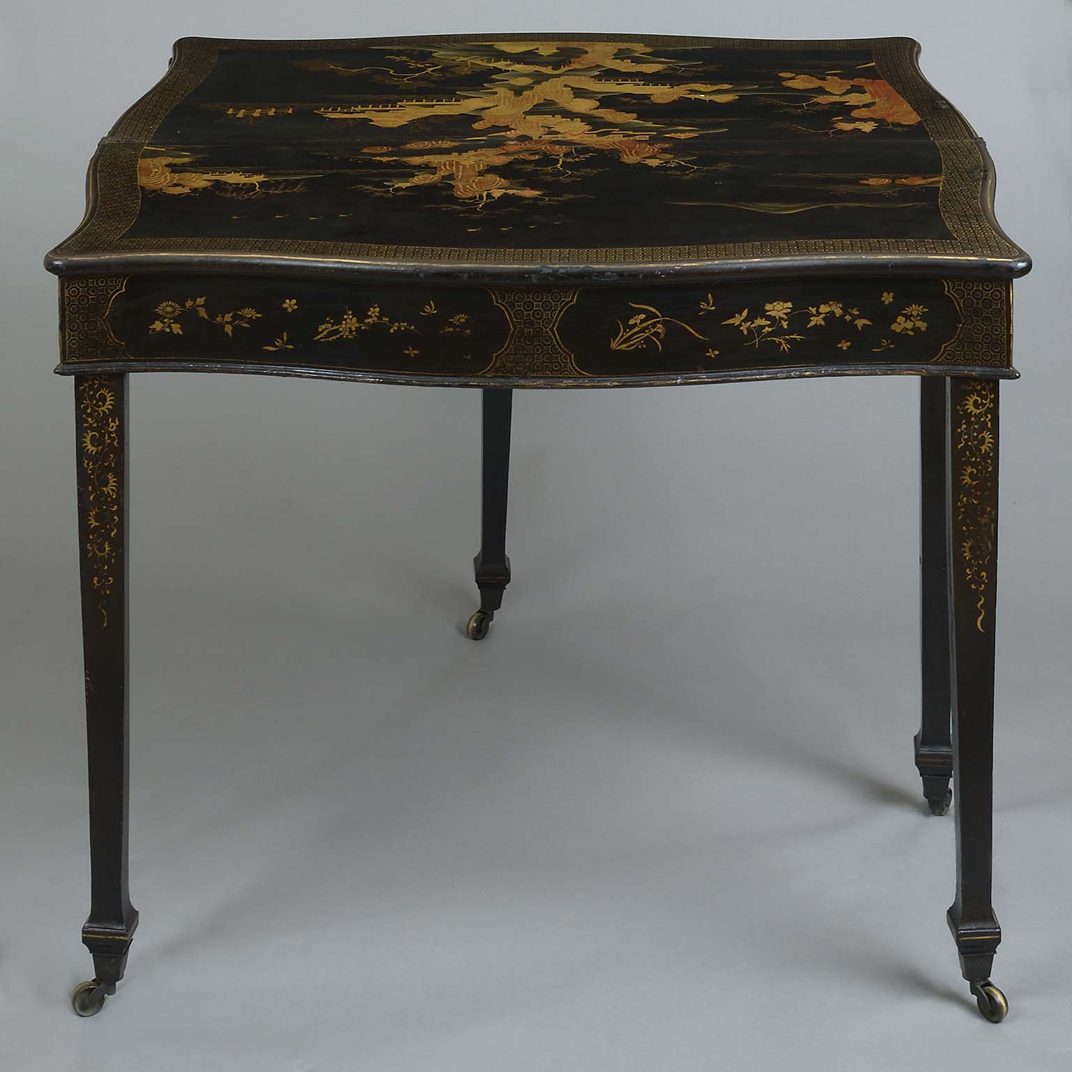 Chinese Export Black Lacquer Triple Folding Games and Tea Table