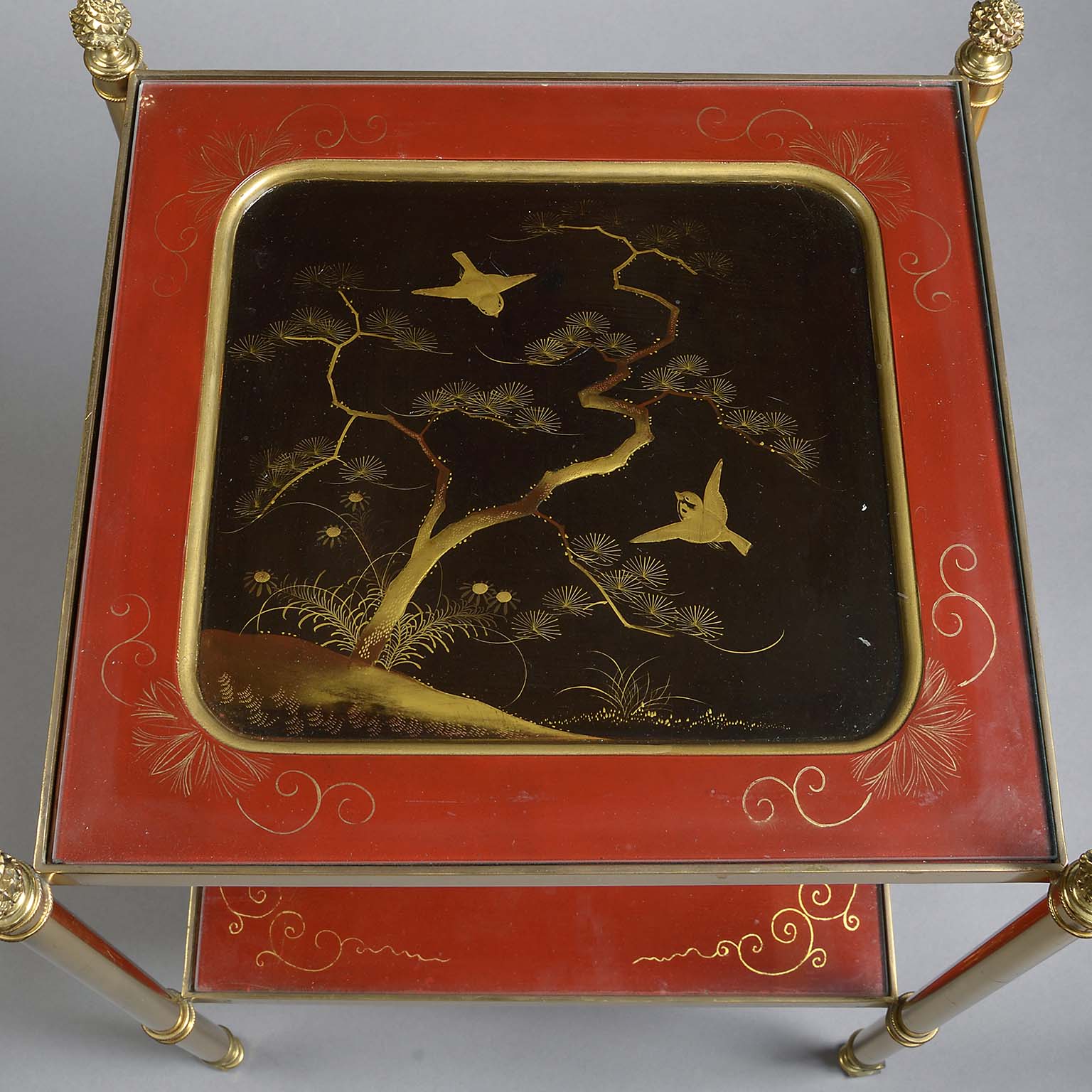Pair ofBrass Etageres with Japanese Lacquer Panels