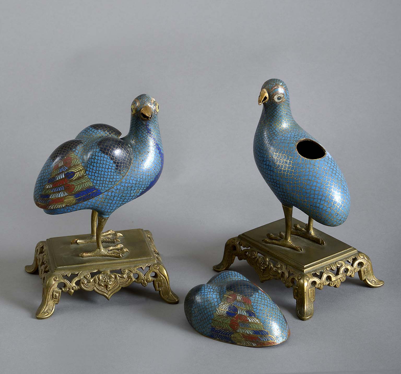 Pair of Chinese Cloisonne Quail Incense Burners