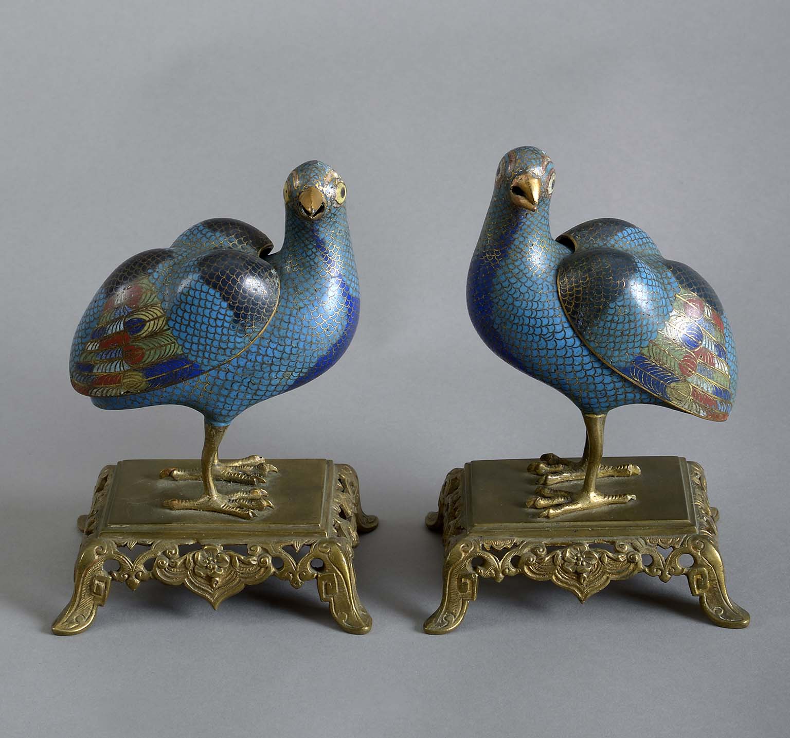 Pair of Chinese Cloisonne Quail Incense Burners