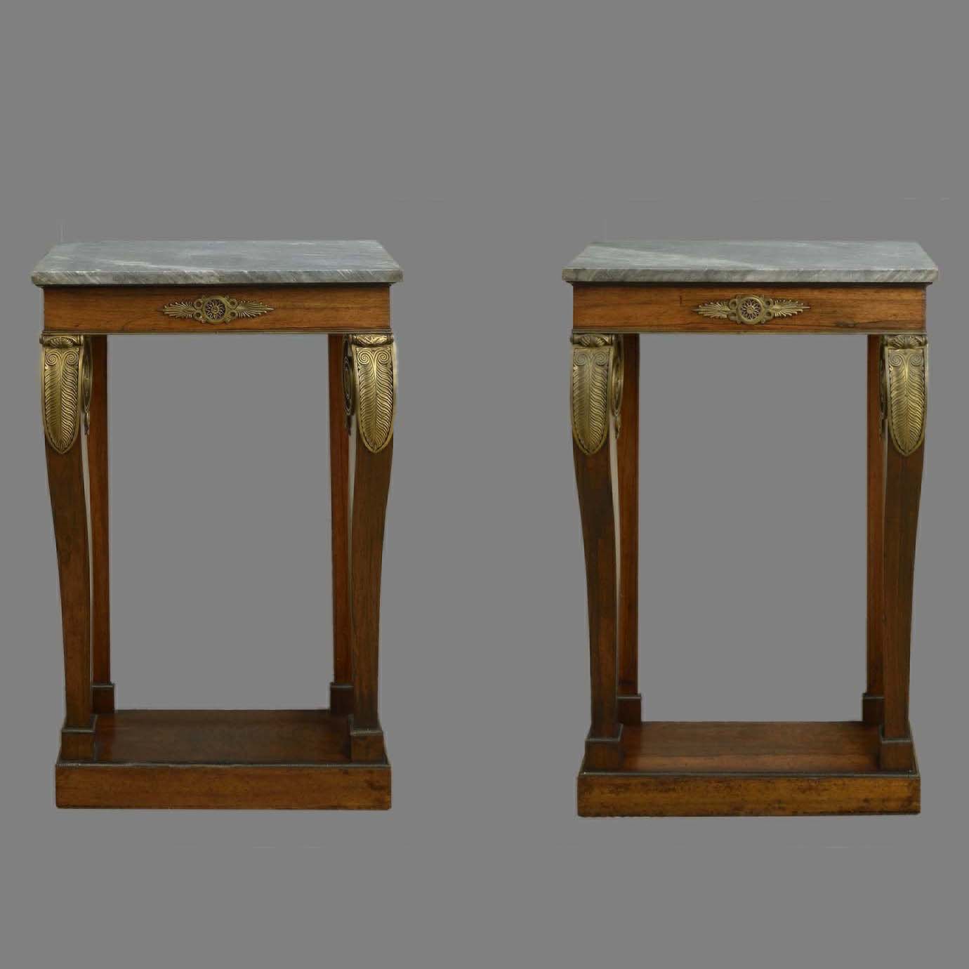 PAIR OF NEO-CLASSICAL REGENCY PIER TABLES  WITH BLEU TURQUIN MARBLE TOPS