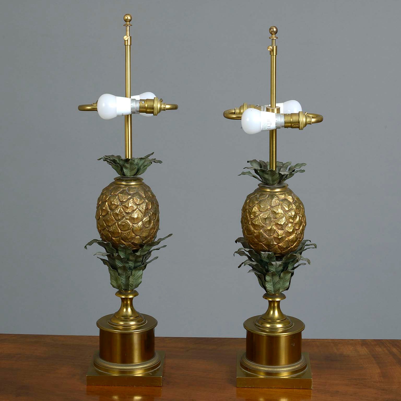 Pair of Pineapple Tole and Gilt Metal Lamps probably by Maison Charles