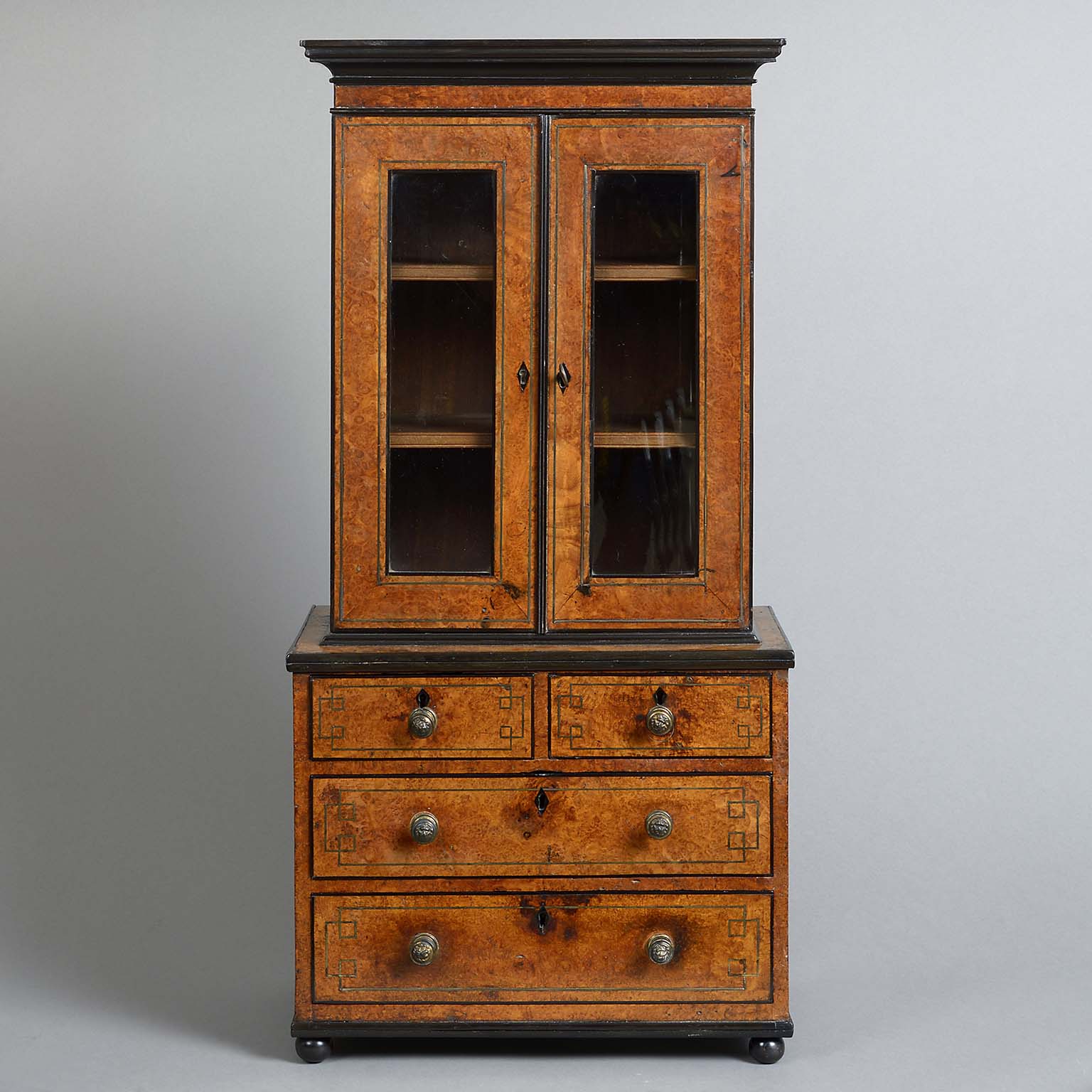 Amboyna, Ebony and Metal Inlaid Miniature Cabinet