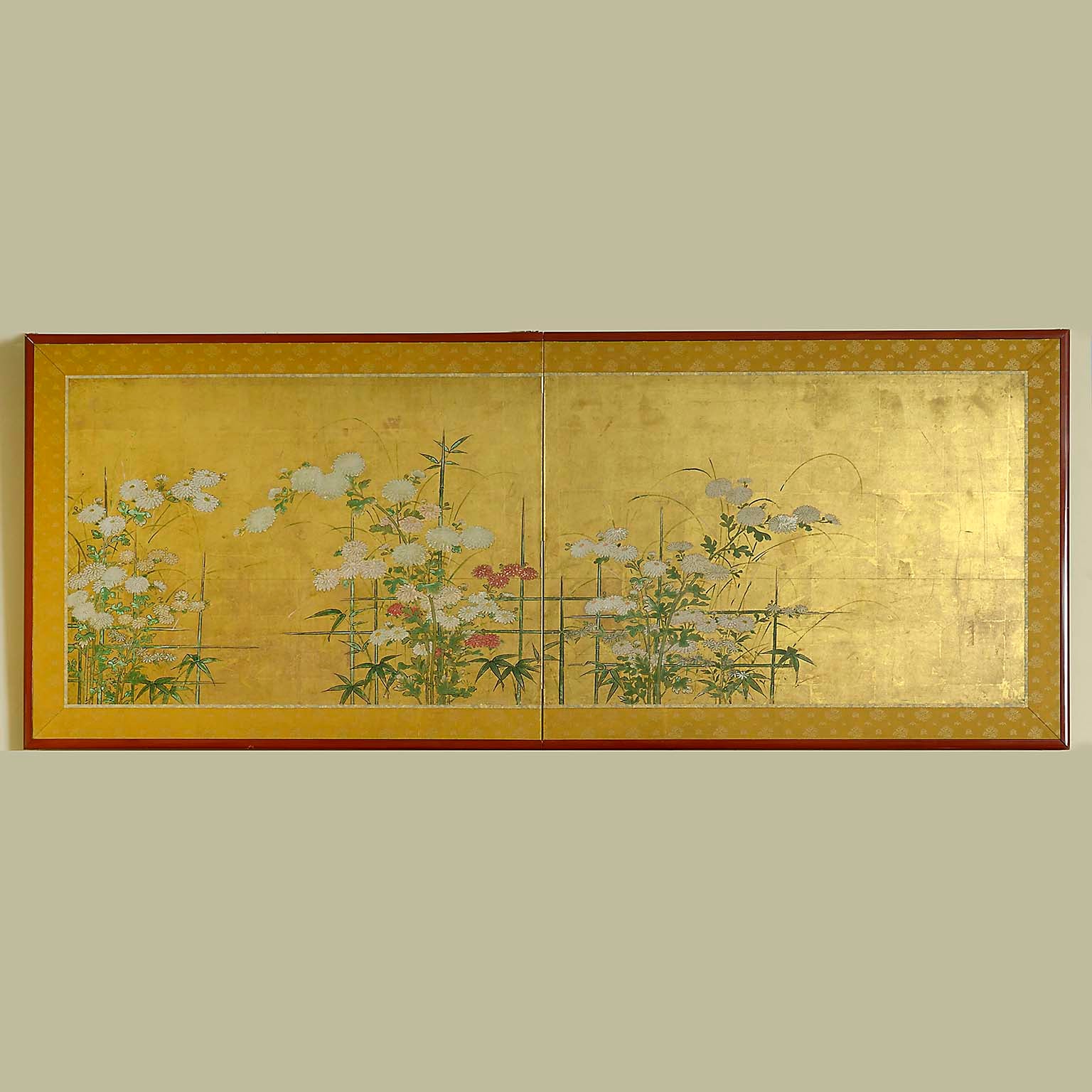 Japanese Gilded and Polychrome Painted Two- Fold Screen in the manner of the Rinpa School