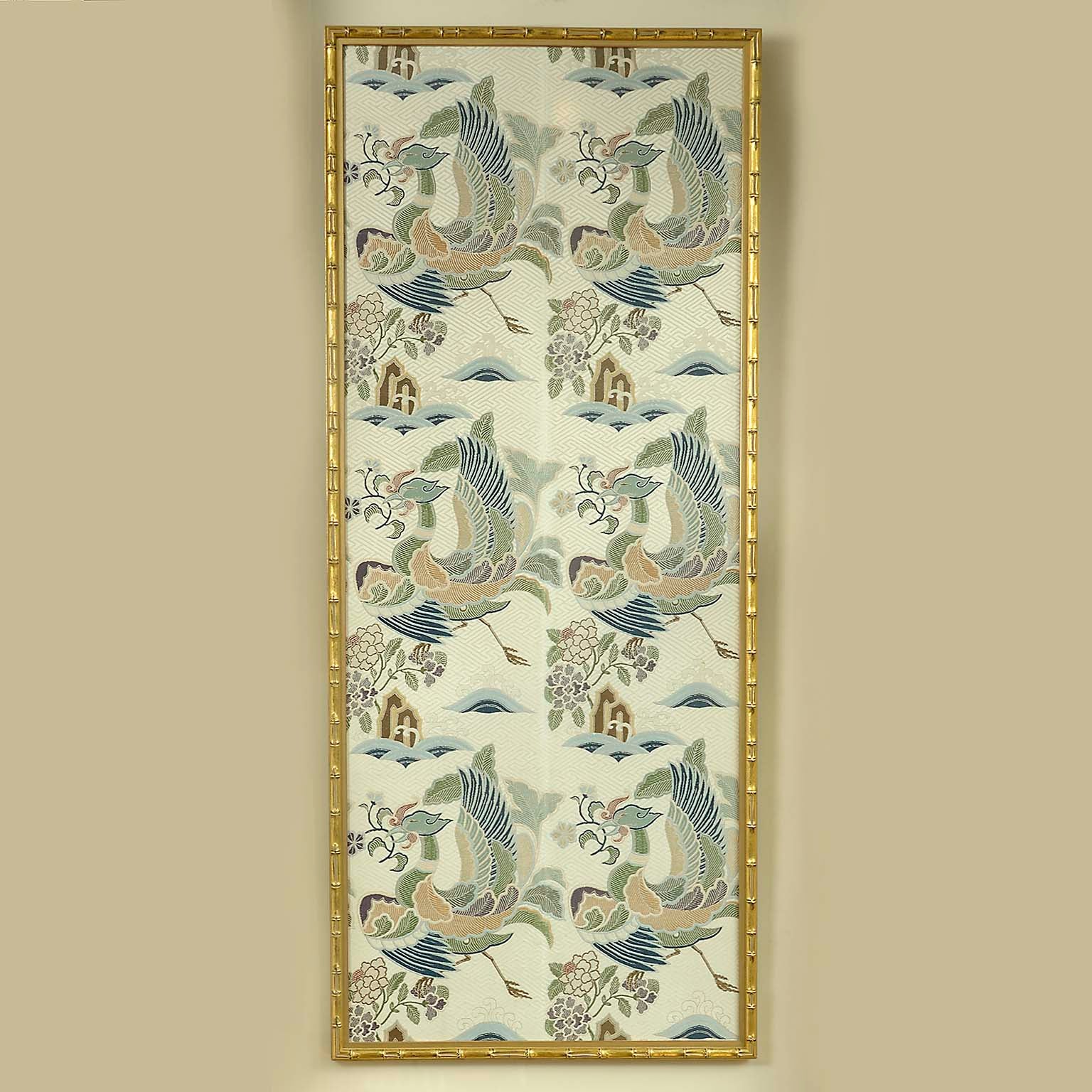 Pair of High-Status Silk Obi in Giltwood Bamboo Style Frames