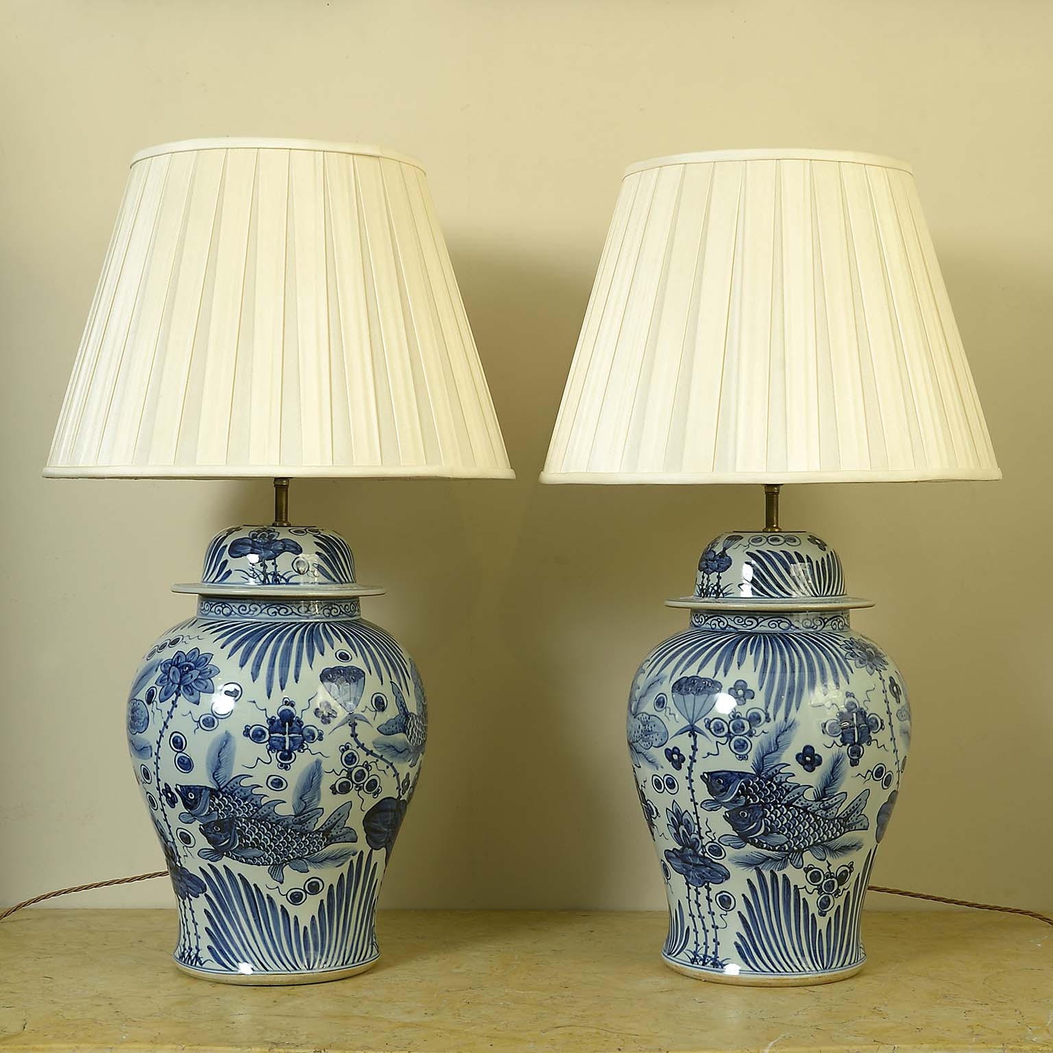 Pair of Chinese Blue and White Lamps