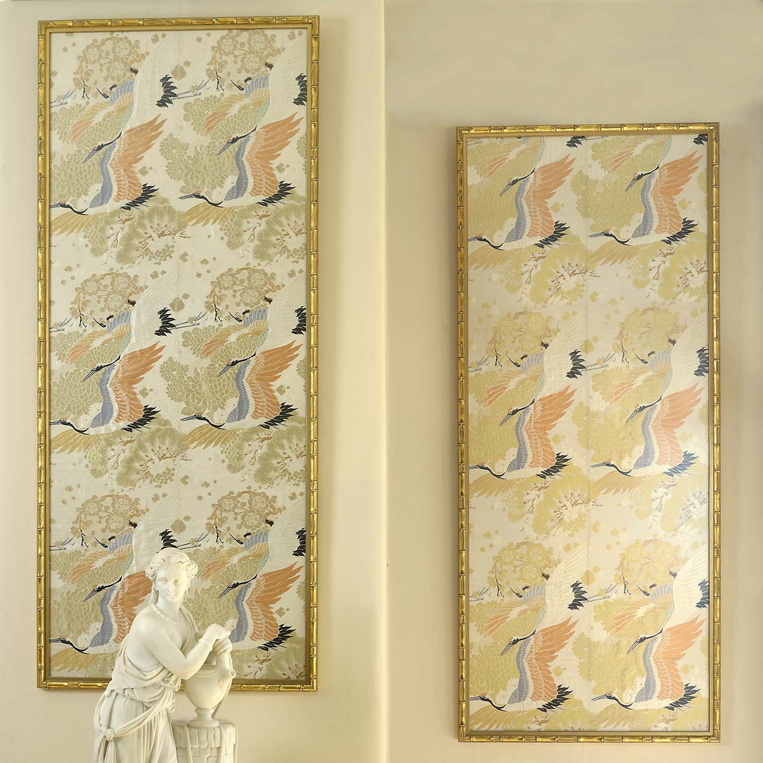 Pair of Silk Obi in Giltwood Bamboo Style Frames
