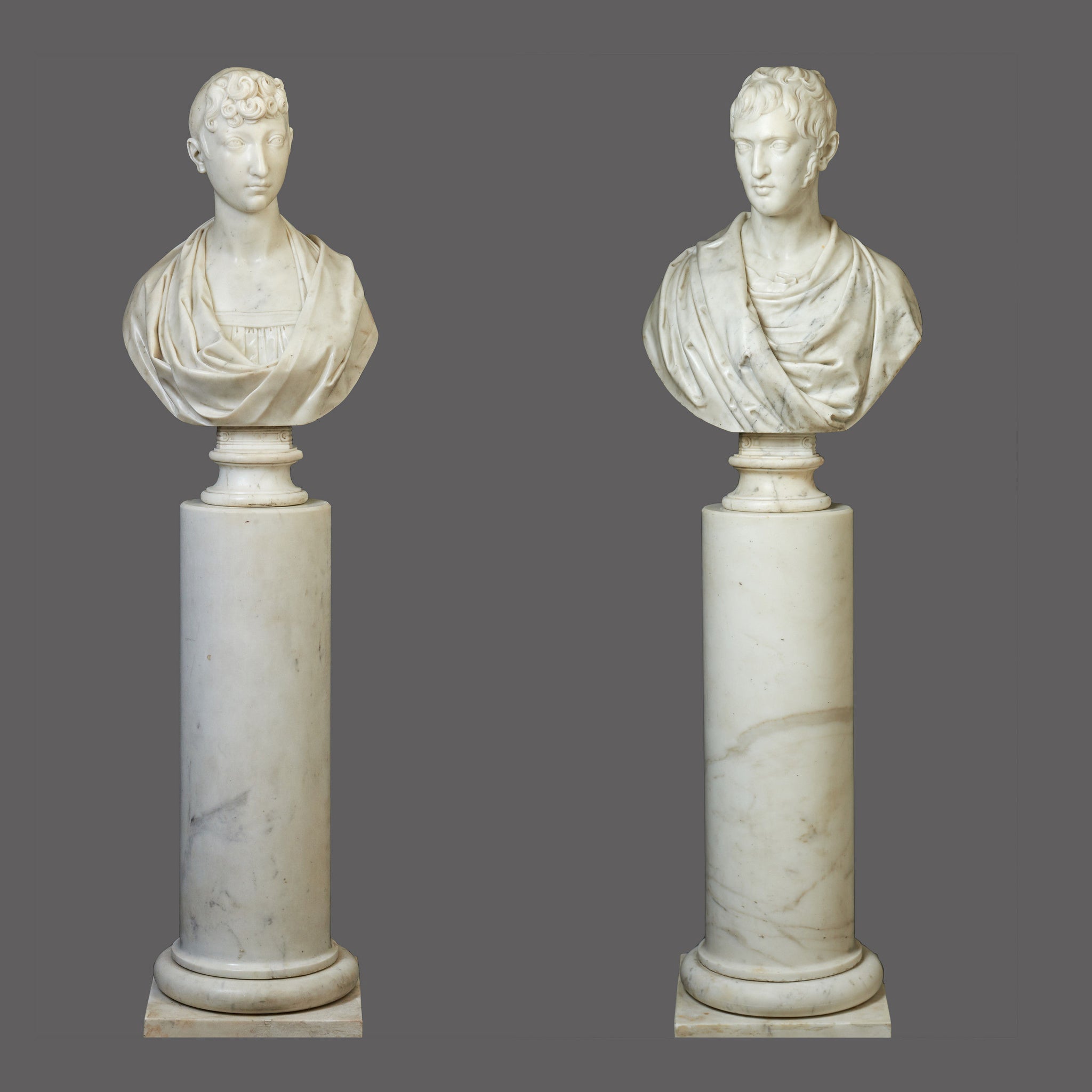 Exceptional Pair of Marble Busts of Pauline Bonaparte & General Charles Leclerc on original columns