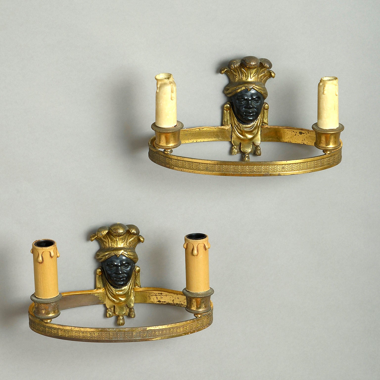 Pair of Empire Gilt-Bronze Wall Sconces with Bronzed Masks