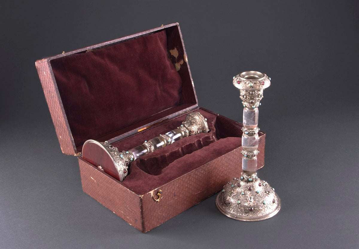 A Pair of Silver-Mounted and Gem Set Rock Crystal Candlesticks